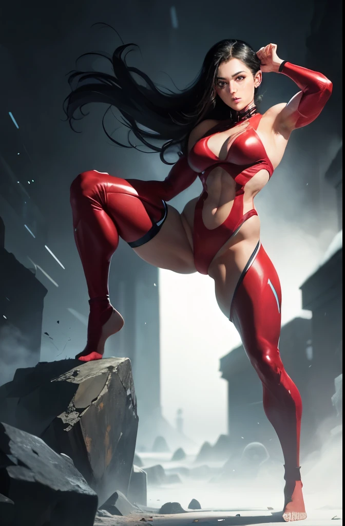 full body shot,on tiptoe,liza troyan a beautiful ukrainian. Black hair down to her shoulders. Sexy face, blue eyes, white skin. bodybuilder body,Muscular and defined body. wearing Mini fighting suit, mortal kombat style, deep red showing the crotch, Bare feet, red fabric covering the calves and forearms
