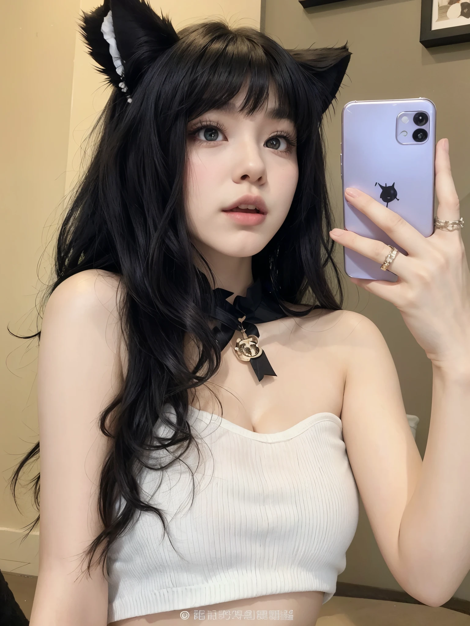 there is a woman taking a selfie with her phone, ulzzang, girl with cat ears, black hair black cat ears, very beautiful cute catgirl, 1 7 - year - old anime goth girl, goth girl aesthetic, cruel korean goth girl, anime girl with cat ears, beautiful young catgirl, belle delphine, black hime cut hair, attractive cat girl