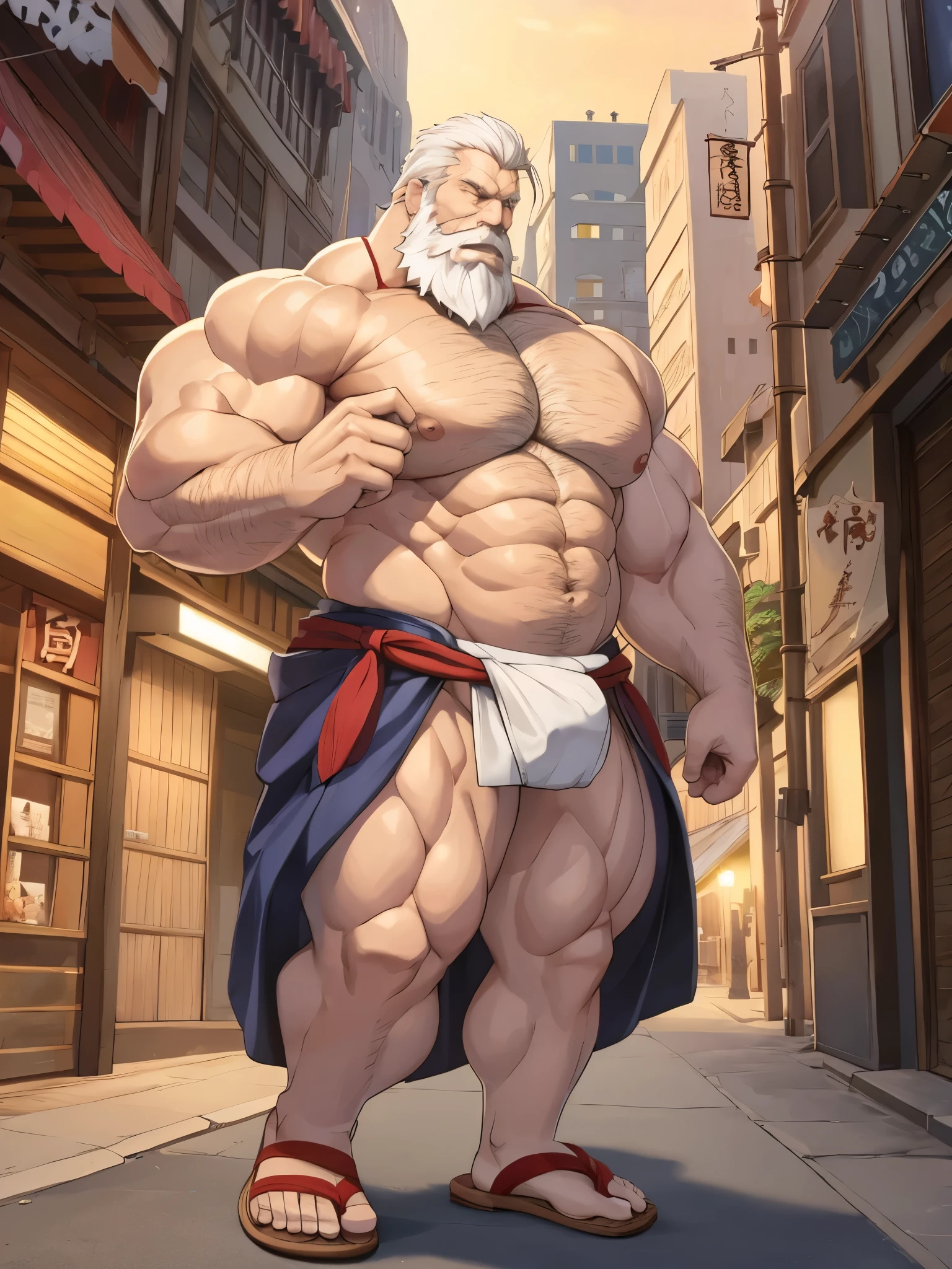 Solo, male focus, 1boy. Huge muscular old man in nigh street city, absurdly muscular, absurdly muscle size, photography, half body, flare lights, bur background, old man, thick arm, huge arm, bearded. White hair and long beard, bearded, muscular, pectoral, wide pectoral, large pectoral, realistic, 8k, masterpiece, (wearing white fundoshi, and shirtless, topless, geta, wooden sandals)