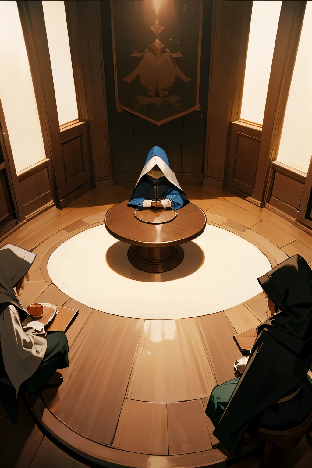 dark room,Three people wearing hoods,sitting around a round table