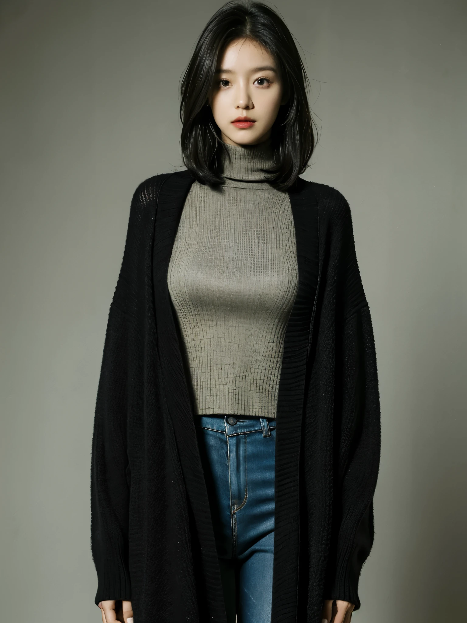 Best quality at best,tmasterpiece,ultra high resolution,(realness:1.4),RAW photogr,Cinematic texture,1 cool girl,Tall and tall，Dressed in turtleneck，black long knit cardigan，standing in the plain background，looks into camera，fashion photoshoot, black bob hair, gorgeous eyes