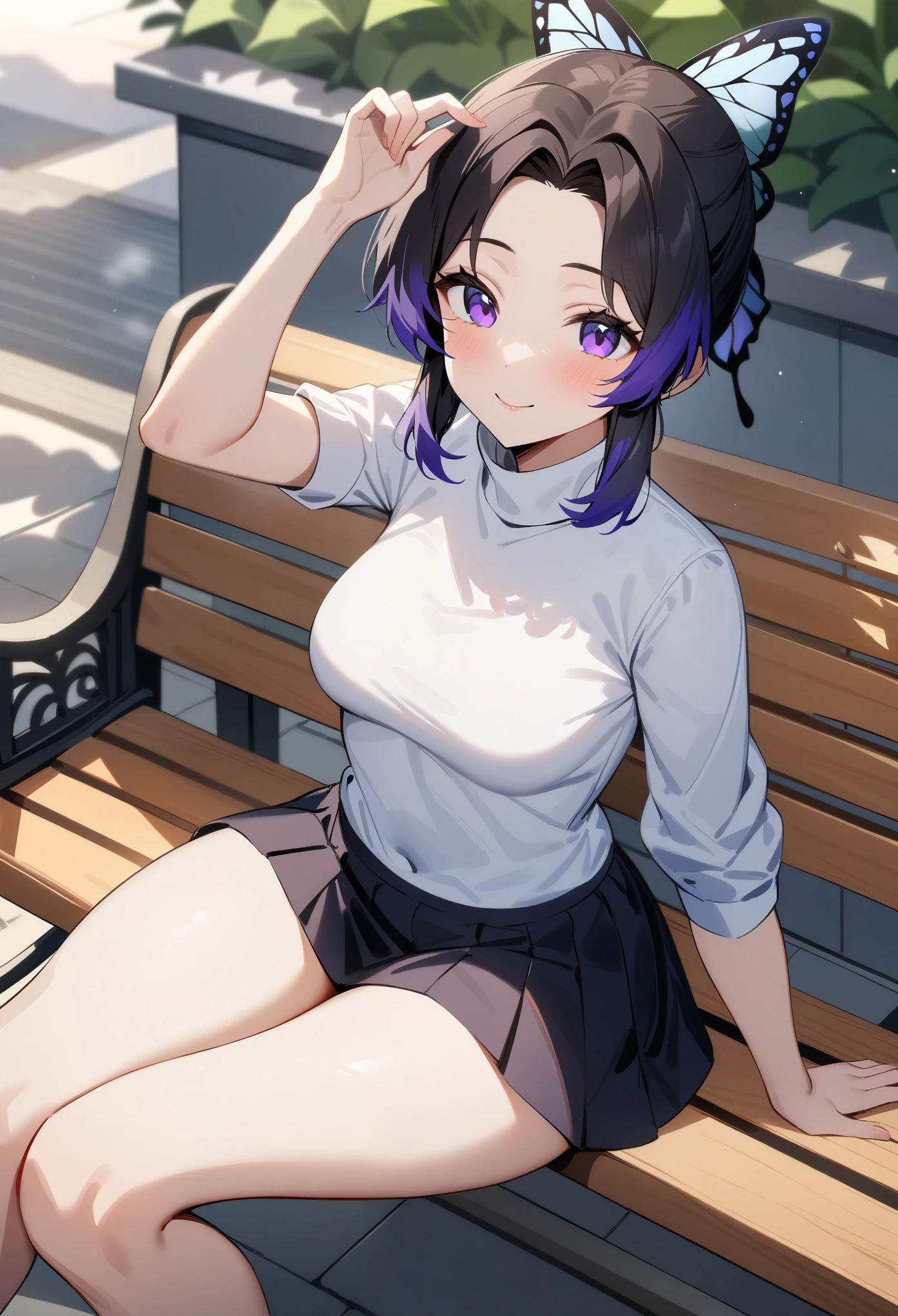 Girl with dark hair with purple highlights tied in a ponytail, wearing glasses, slim, in white dress, sitting on a bench in the park, sample pussy