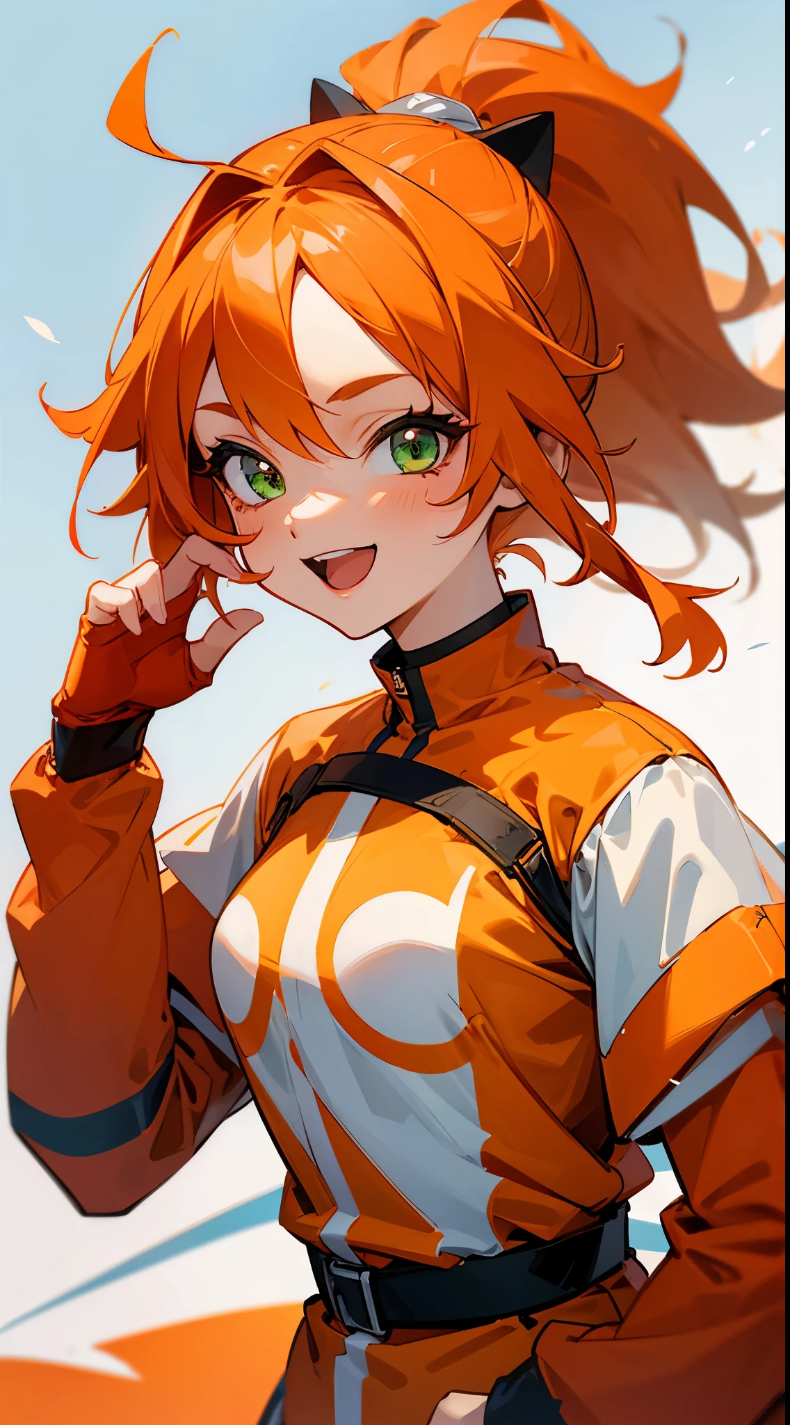 1 girl、compete for art、orange clothes、looking at the viewer、orange hair、ponytail、beautiful green eyes、laughter、smile、Theme park、shrimp mascot、upper body close-up