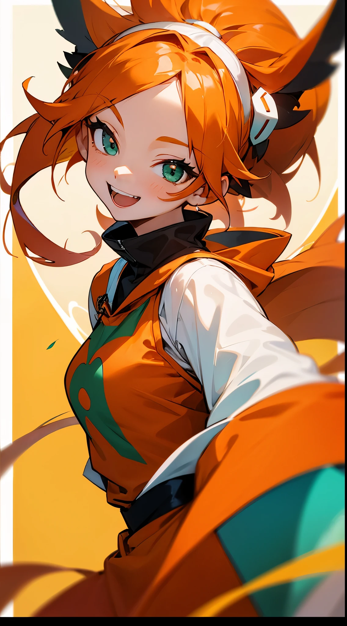 1 girl、compete for art、orange clothes、looking at the viewer、orange hair、ponytail、beautiful green eyes、laughter、smile、Theme park、shrimp mascot、upper body close-up