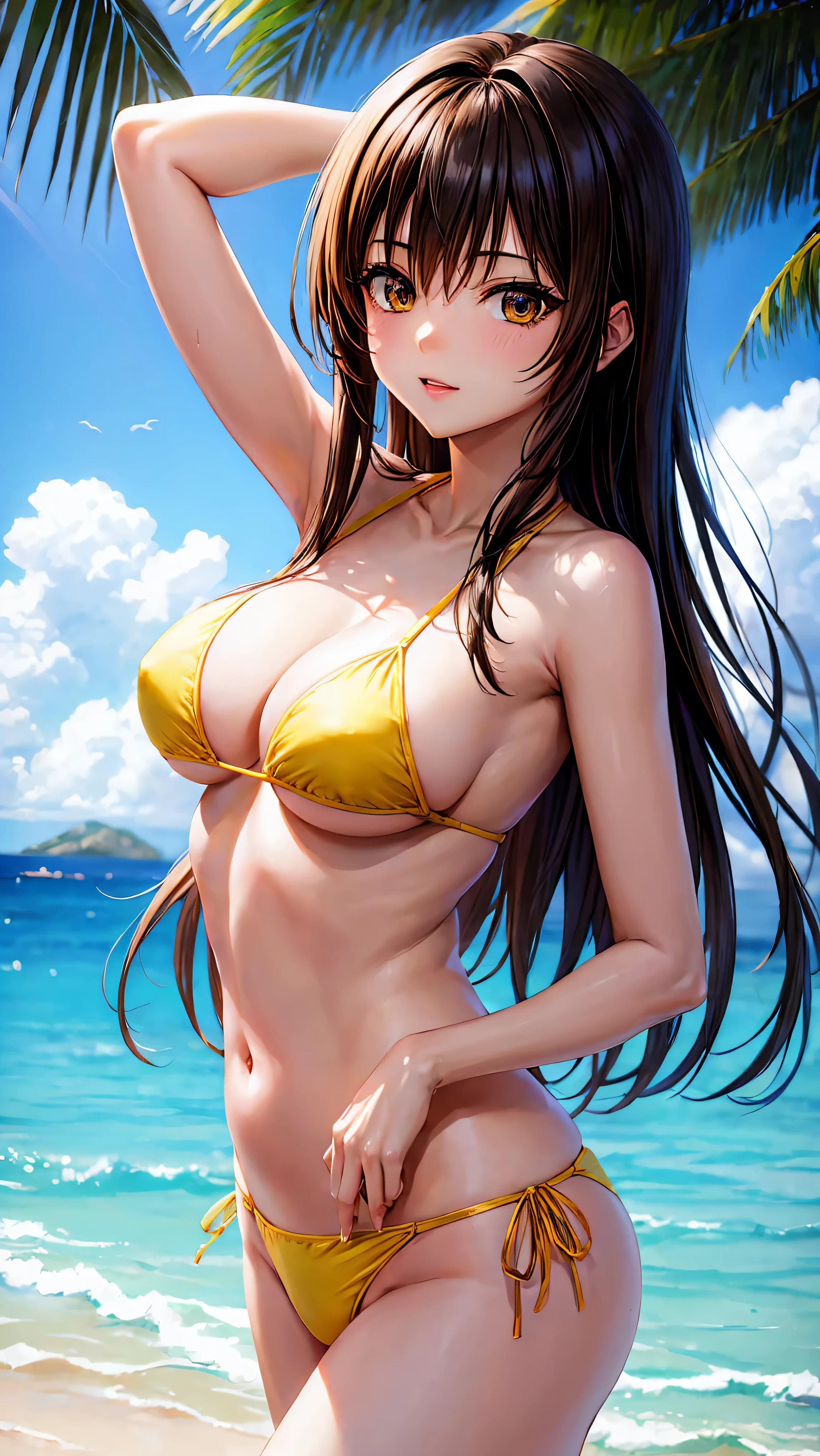 Kotegawayui, Yui Kotegawa, solo、Black hair, (Brown eyes:1.5), Long hair, BREAK looking at viewer, BREAK (masutepiece:1.2), Best Quality, High resolution, Unity 8k壁纸, (Illustration:0.8), (Beautiful detailed eyes:1.6), extra detailed face, Perfect Lighting, extremely details CG, (Perfect hands, Perfect Anatomy),Naughty big、large full breasts、(the beach)、(Yellow Bikini:1.3)、