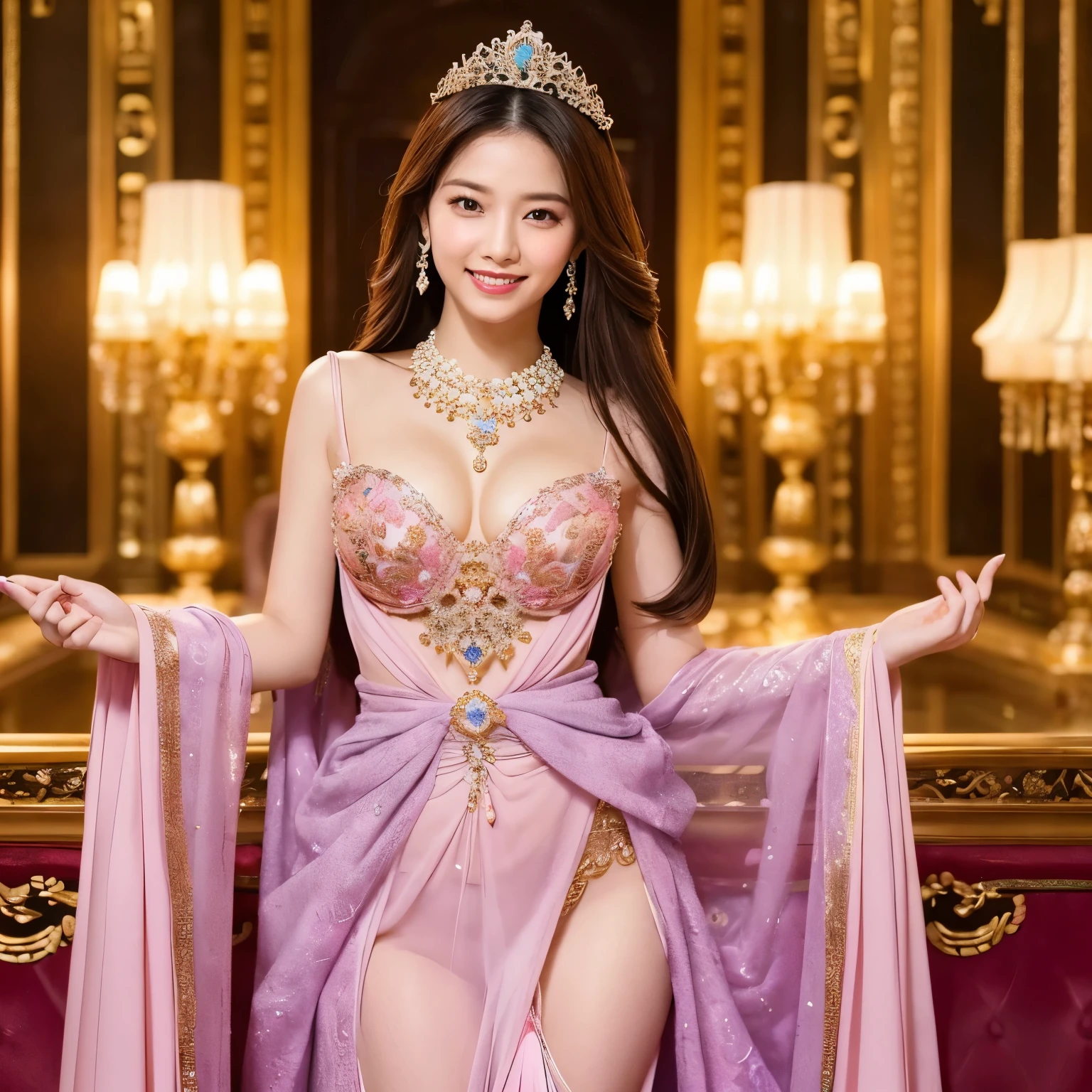 ((highest quality、table top、8K、best image quality、extremely complex and detailed depiction))、(Japan's most gorgeous prostitute goddess:1.2)、(The most gorgeous prostitution goddess huge costume:1.2)、The perfect and most natural high-end costume、(The most luxurious and highest quality giant tiara:1.1)、(The most luxurious and highest quality giant necklace:1.1)、(the most vivid and luxurious costumes:1.1)、big long costume、(The unimaginably luxurious goddess room:1.3)、(The most luxurious and luxurious room with glittering purple and pink colors:1.2)、High-end interior in purple and pink、The most natural and perfect goddess room、The most luxurious and perfectly organized room of a prostitute goddess、A perfectly ordered and orderly room、one perfect chandelier、The most luxurious purple and pink room、purple and pink gems、(A glittering room decorated with plenty of jewels:1.1)、very intricate decoration、very clear goddess room、Please look at me、bewitching smile、perfect makeup、long eyelashes、lipstick、pink eyeshadow、(perfect anatomy:1.1)、best smile、(very bright and vivid:1.1)、(shiny skin:1.1)、(Ultra-high definition bright and beautiful skin:1.1)、Super high definition beautiful teeth、ultra high definition hair、Super high-definition sparkling eyes、(very bright and vivid:1.3)、(Beautiful skin that shines very brightly:1.3)、brown hair、(standing in the most elegant pose:1.2)、(body facing straight ahead:1.2)、(Upper body photo facing forward:1.1)、(slender body:1.1)、Strongly blurred background、