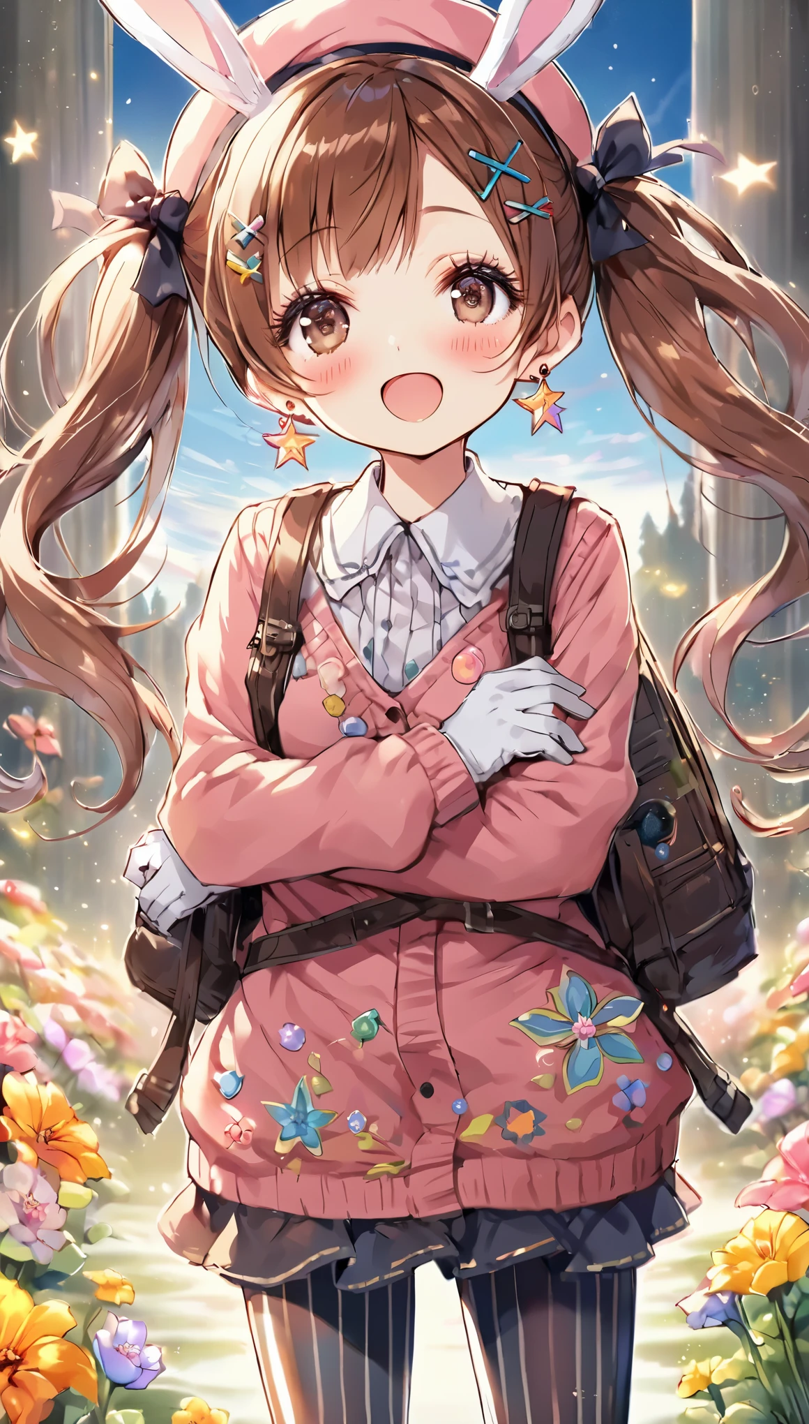 (fantastic illustration:1.4),(watercolor:1.25 ), (High_quality:1.4),(high_resolution:1.4),(high_definition:1.4),(tone_mapping:1.2),(color_field:1.3),(Detailed_Glow:1.2),(Best_Illumination:1.2),(Super_Detail:1.4),(Best_Light:1.3),(Intricate_Detail:1.2),(Hyper_Detail:1.2),(mixed_media:1.2),(multicolor:1.2),(magic_realism:1.4), atmospheric,
BREAK 1 beautiful girl,(Cute:1.5),(Chibi:0.5),(kawaii:2),(:2),(7 year old girl),(Solo:1.65),BREAK,(small breasts:1.2,),Clear skin,Beautiful skin,Shy,One beautiful,Colossal tits,BREAK (Hair Bow, reddish brown hair, Twin-tail:1.55),(Brown eyes, long eyelashes, Double eyelids:1.75),Shiny skin,BREAK,Star \(symbol\, (gloves, White Gloves:1.3), (bug, Dress,polka dot:1.3) ,(long boots:1.2),(blush,:D:1.45),
BREAK (rucksack:1.2), (white shirt,Pink cardigan, :1.2), (White rabbit ear headband:1.0), (Black sneakers:1.0), (jewely, brooches,star-shaped earring:1.1), (beret, X Hair ornament:1.3), (vertical-striped skirt, Striped pantyhose:1.1), (:c),BREAK (flower garden:1.8), (magic circle:1.3), (fantasy:1.5), (long shot:1.5), Midday, (light rays:1.2), lights, blue sky, wind, fluttering petals, illusion effect, magic effect,
BREAK wakame,wakame,wakame,(cowboy shot,from front, standing,arms on breasts:1.4), looking up,
BREAK manga illustration, manga style, line art, (sketch:1.2), rough drawing, (black outline:1.3), thick outline, craftsman made contour, gradation painting, clean line drawings,
