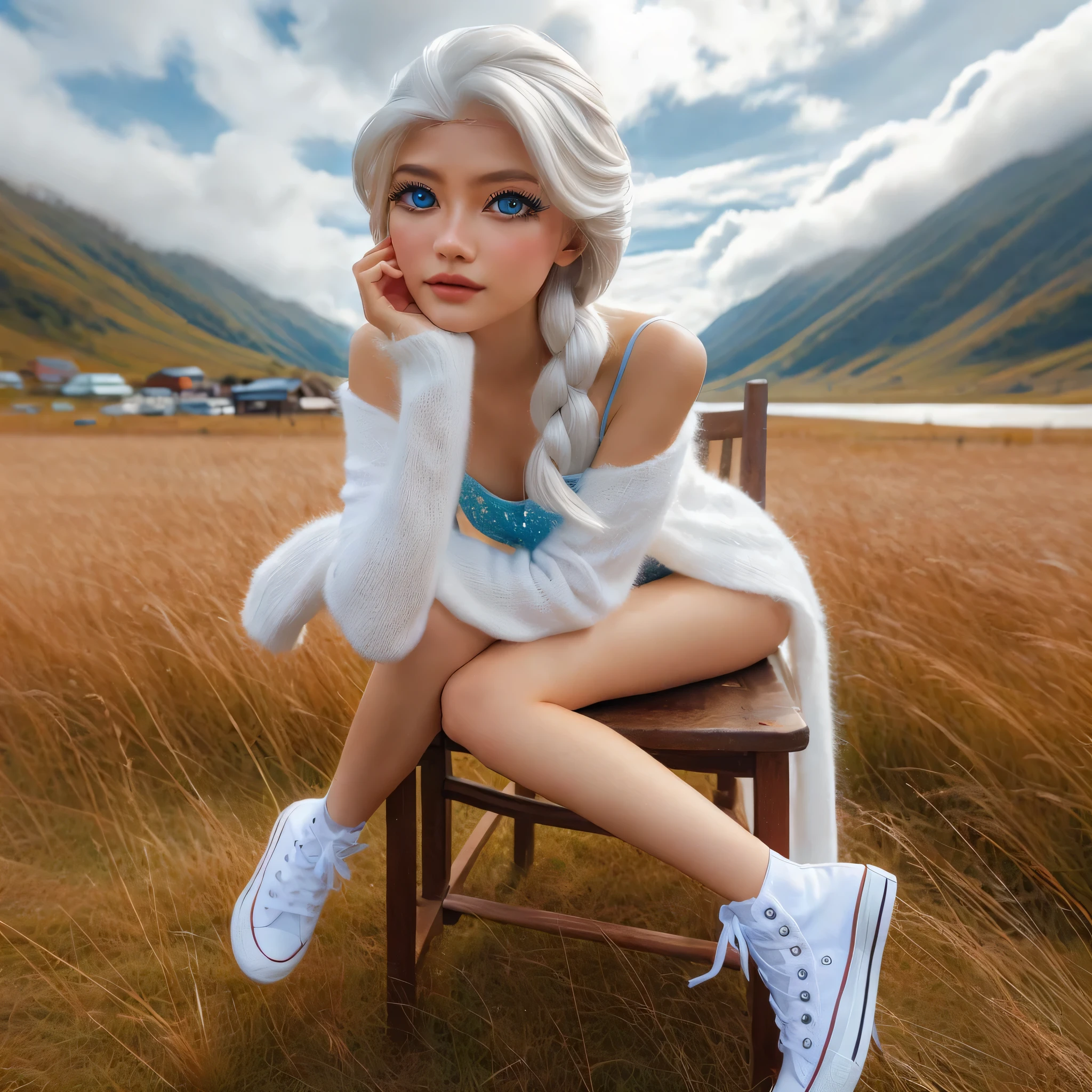 full body, super low angle shot, beautiful Asian woman looks like Elsa Frozen style, blue pupils,wearing a white cardigan,white converse shoes,
pose leaning on a chair, looks like she is looking at something, high grassland and hills in the background. hyper realistic, HD professional photographer, MidJourney v6,
epicrealism model, atmospheric impressionism,bokeh,film dramatic realism, pre-raphaelite realism, best low tone, soft focus realism --ar 36:61 --stylize 750 --v6