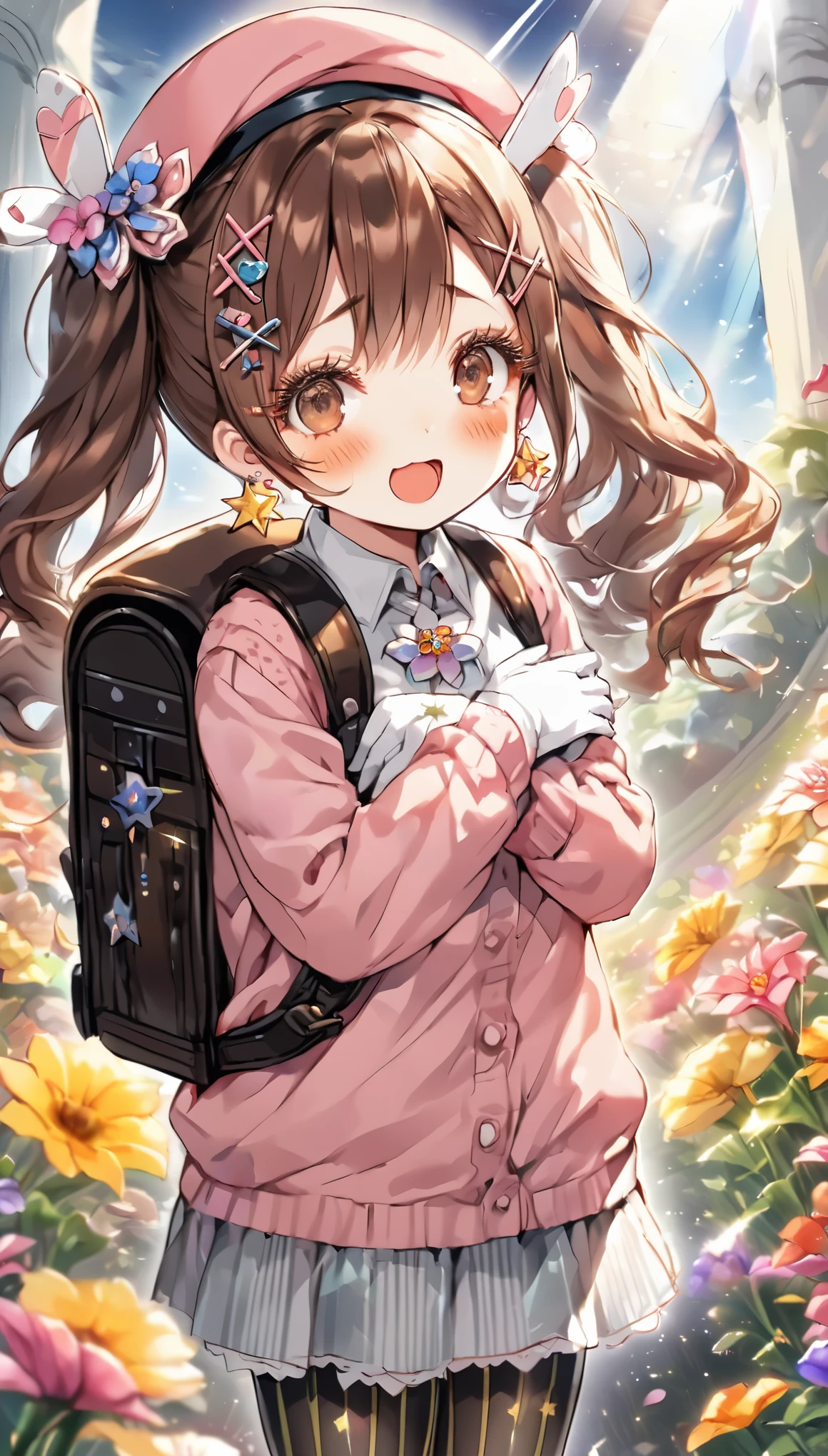 (fantastic illustration:1.4),(watercolor:1.25 ), (High_quality:1.4),(high_resolution:1.4),(high_definition:1.4),(tone_mapping:1.2),(color_field:1.3),(Detailed_Glow:1.2),(Best_Illumination:1.2),(Super_Detail:1.4),(Best_Light:1.3),(Intricate_Detail:1.2),(Hyper_Detail:1.2),(mixed_media:1.2),(multicolor:1.2),(magic_realism:1.4), atmospheric, 

BREAK  1 beautiful girl,(Cute:1.5),(Chibi:0.5),(kawaii:2),(:2),(7 year old girl),(Solo:1.65),BREAK,(small breasts:1.2,),Clear skin,Beautiful skin,Shy,One beautiful,Colossal tits,BREAK (Hair Bow, reddish brown hair, Twin-tail:1.55),(Brown eyes, long eyelashes, Double eyelids:1.75),Shiny skin,BREAK,Star \(symbol\, (gloves, White Gloves:1.3), (bug, Dress,polka dot:1.3) ,(long boots:1.2),(blush,:D:1.45),

BREAK (rucksack:1.2), (white shirt,Pink cardigan, :1.2), (White rabbit ear headband:1.0), (Black sneakers:1.0), (jewely, brooches,star-shaped earring:1.1), (beret, X Hair ornament:1.3), (vertical-striped skirt, Striped pantyhose:1.1), (:c),BREAK (flower garden:1.8), (magic circle:1.3), (fantasy:1.5), (long shot:1.5), Midday, (light rays:1.2), lights, blue sky, wind, fluttering petals, illusion effect, magic effect,

BREAK wakame,wakame,wakame,(cowboy shot,from front, standing,arms on breasts:1.4), looking up, 

BREAK manga illustration, manga style, line art, (sketch:1.2), rough drawing, (black outline:1.3), thick outline, craftsman made contour, gradation painting, clean line drawings,


 
