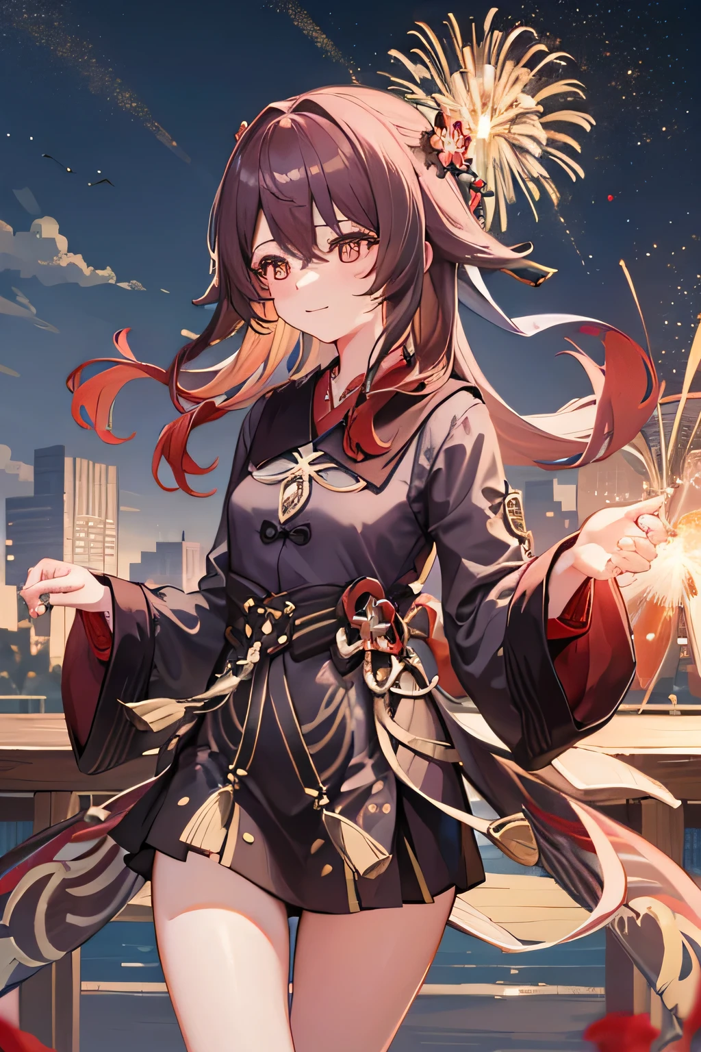 girl、walnut(Genshin)、firework(star rail)、kimono、highly exposed、big breasts、big altar in the back、Looks happy、Bruising and ugly feeling、A landscape where you can feel the mystery of the universe behind you