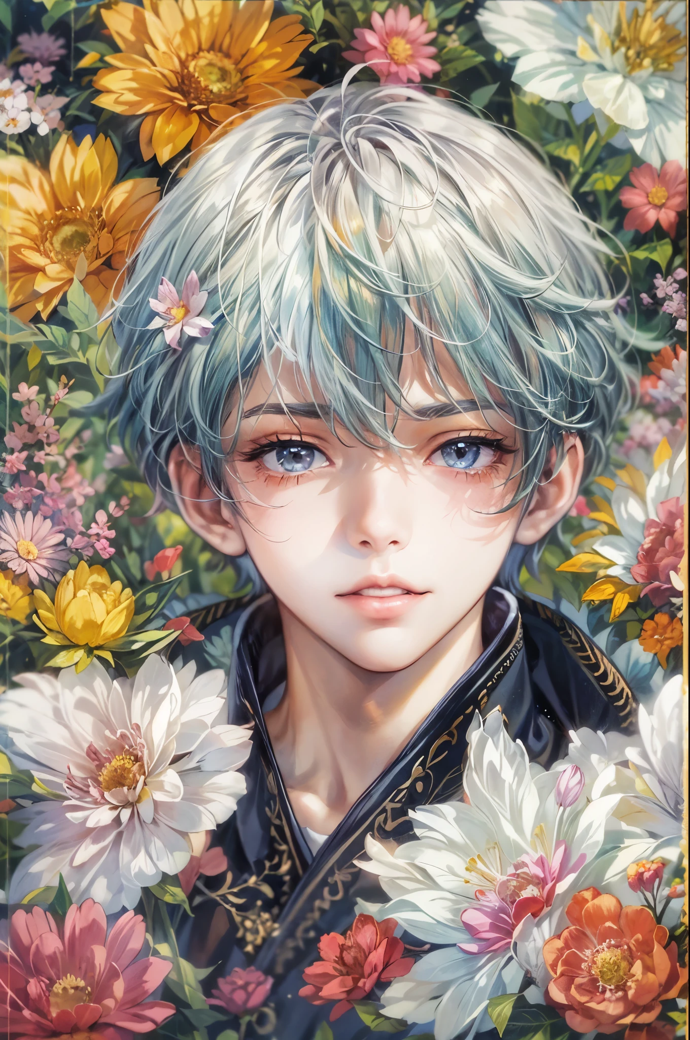 ((Best quality)), ((masterpiece)), (detailed), ((perfect face)), ((halfbody)) Paint a captivating scene featuring the boy male characters from Anime Binan Chikou Boueibu, with a focus on their emotional connection and the harmonious blend of their unique talents. background is a detailed masterpiece with the elements of flowers and a spooky flower field