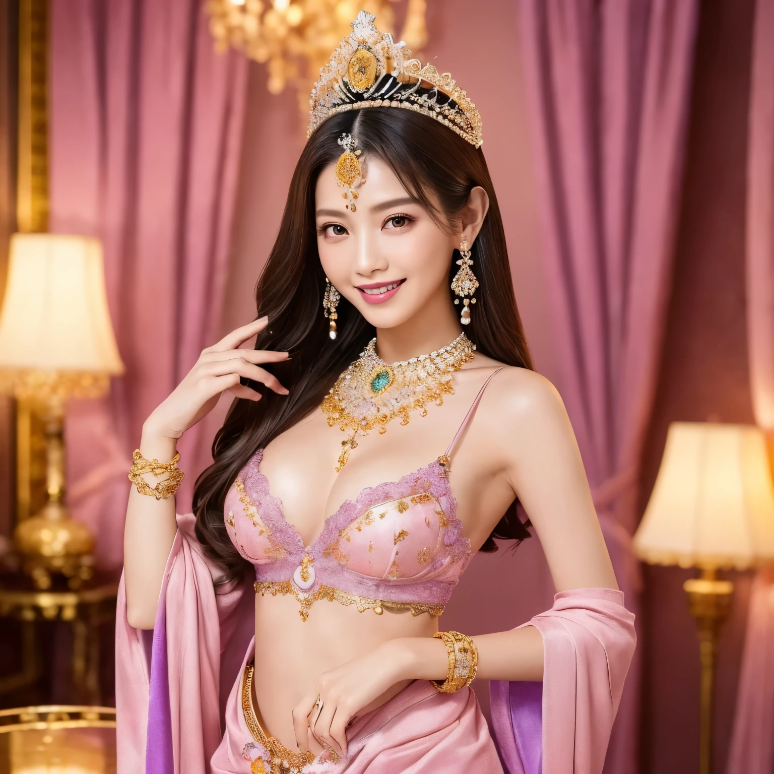 ((highest quality、table top、8K、best image quality、extremely complex and detailed depiction))、(Japan's most gorgeous prostitute goddess:1.2)、(The most gorgeous prostitution goddess huge costume:1.2)、The perfect and most natural high-end costume、(The most luxurious and highest quality giant tiara:1.1)、(The most luxurious and highest quality giant necklace:1.1)、(the most vivid and luxurious costumes:1.1)、big long costume、(The unimaginably luxurious goddess room:1.3)、(The most luxurious and luxurious room with glittering purple and pink colors:1.2)、High-end interior in purple and pink、The most natural and perfect goddess room、The most luxurious and perfectly organized room of a prostitute goddess、A perfectly ordered and orderly room、one perfect chandelier、The most luxurious purple and pink room、purple and pink gems、(A glittering room decorated with plenty of jewels:1.1)、very intricate decoration、very clear goddess room、Please look at me、bewitching smile、perfect makeup、long eyelashes、lipstick、pink eyeshadow、(perfect anatomy:1.1)、best smile、(very bright and vivid:1.1)、(shiny skin:1.1)、(Ultra-high definition bright and beautiful skin:1.1)、Super high definition beautiful teeth、ultra high definition hair、Super high-definition sparkling eyes、(very bright and vivid:1.3)、(Beautiful skin that shines very brightly:1.3)、brown hair、(most elegantly standing:1.1)、(body facing straight ahead:1.2)、(Upper body photo facing forward:1.1)、(slender body:1.1)、Strongly blurred background、