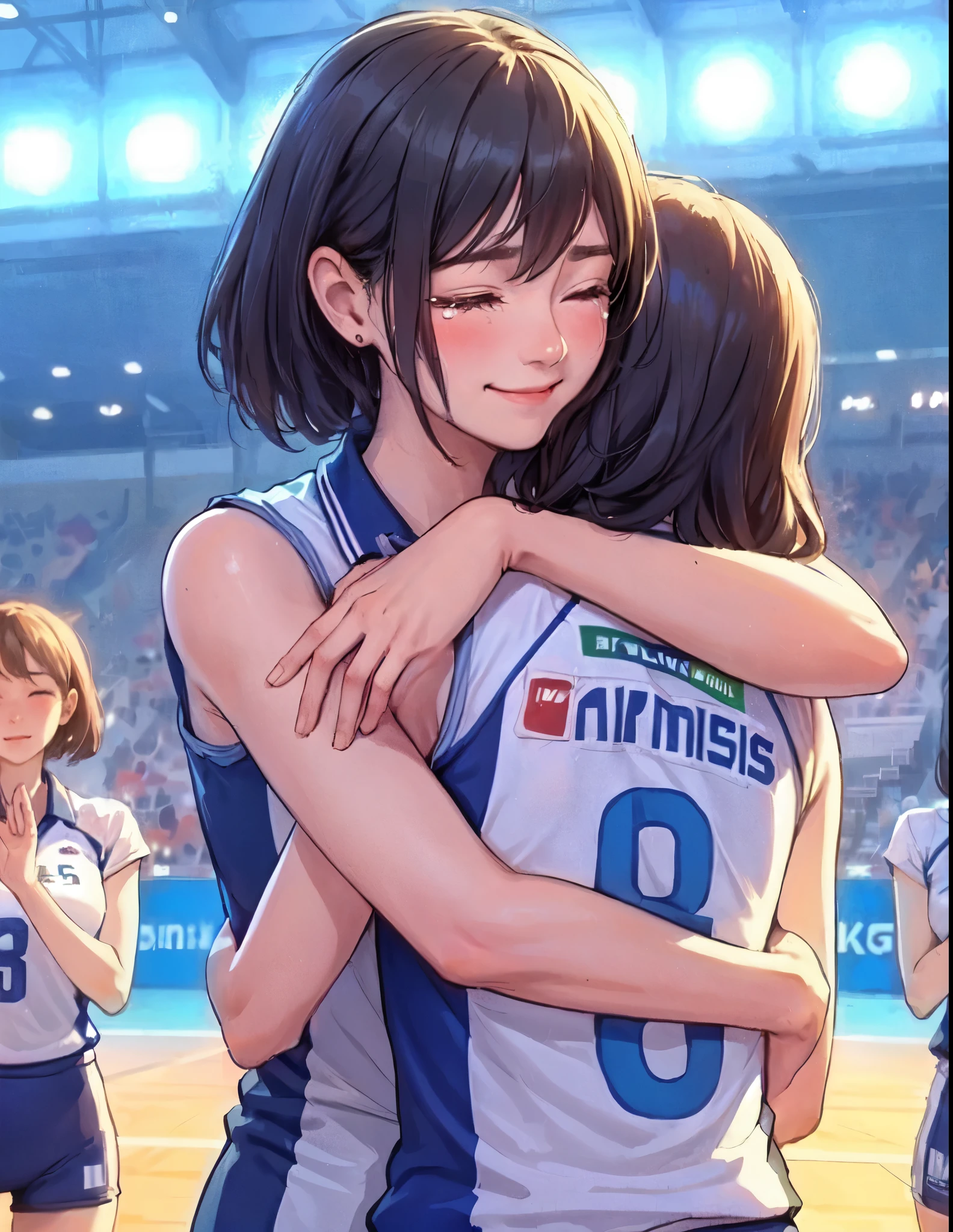 1lady hugging a person, (wrapping arm around back), (volleyball uniform) stylish (corporate logos), mature female, /(black hair/), blush happy smile (eyes lightly closed:1.1), ((quiet tears:1.1) of joy) (tears on cheek), (masterpiece best quality:1.2) delicate illustration ultra-detailed BREAK (back of person), (back of head) BREAK /(indoor stadium/) indoors, teammates, crowded, detailed background