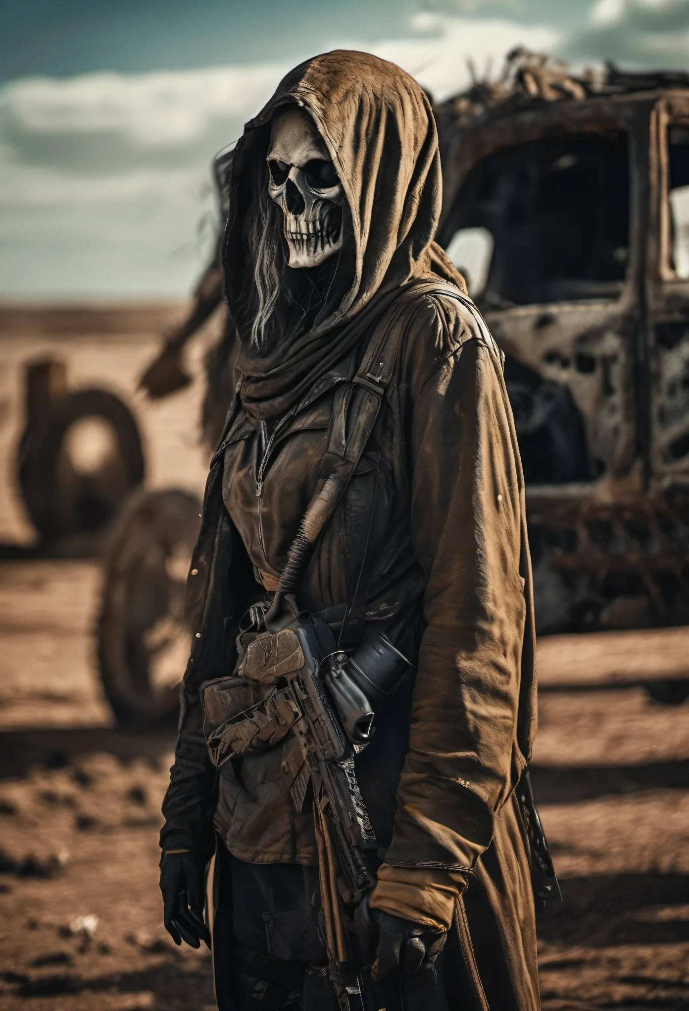 (Realistic:1.4), analog photo style, depth of  field,  Vivid colors, fragile, vulnerable, female reaper, sad, worried expression, looking away, professional photoset in post-apocalyptic style, insanely detailed, intricate wasteland  landscape background,  (((masterpiece))), top quality, 8K, ultra high resolution, high contrast, low saturation