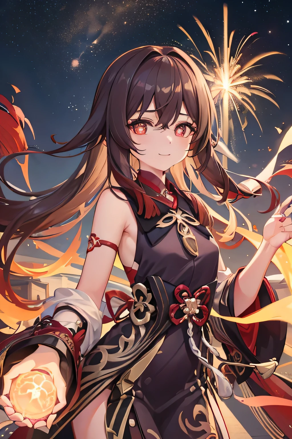 girl、walnut(Genshin)、firework(star rail)、kimono、highly exposed、big breasts、big altar in the back、Looks happy、Bruising and ugly feeling、A landscape where you can feel the mystery of the universe behind you