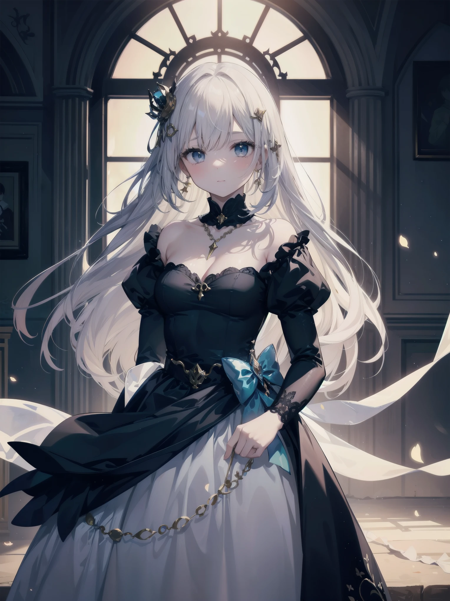 A scene that combines the princesses you dreamed of as a child and medieval European fashion.。In this fantastic scene、A girl with long, gorgeous blonde hair appears.。The dress she wears is、It is a combination of the aristocratic elegance of medieval Europe and the cuteness of the princesses I admired when I was a .。The dress is knee-length、It has a design that gently hugs your body.、Features many frills and fine lace decorations。especially、The sleeves are bulging、The design that tightens tightly on the wrist is reminiscent of medieval luxury.。The color of the dress is、In dreamy pastel colorixed with light pink and lavender、It has glittering gold thread embroidery on it.。she put a little crown on her head、Like the children of medieval aristocrats liked.、She wears a necklace studded with small jewels.。This outfit is、It's like my longing and childhood dreams have become reality.、Combines cuteness and elegance。The surrounding landscape is reminiscent of a magical medieval European garden.、colorful flowers々and shining light particles color the space.、Creates a more magical atmosphere。The girl is in this dream-like world、Ready to start creating your own story。