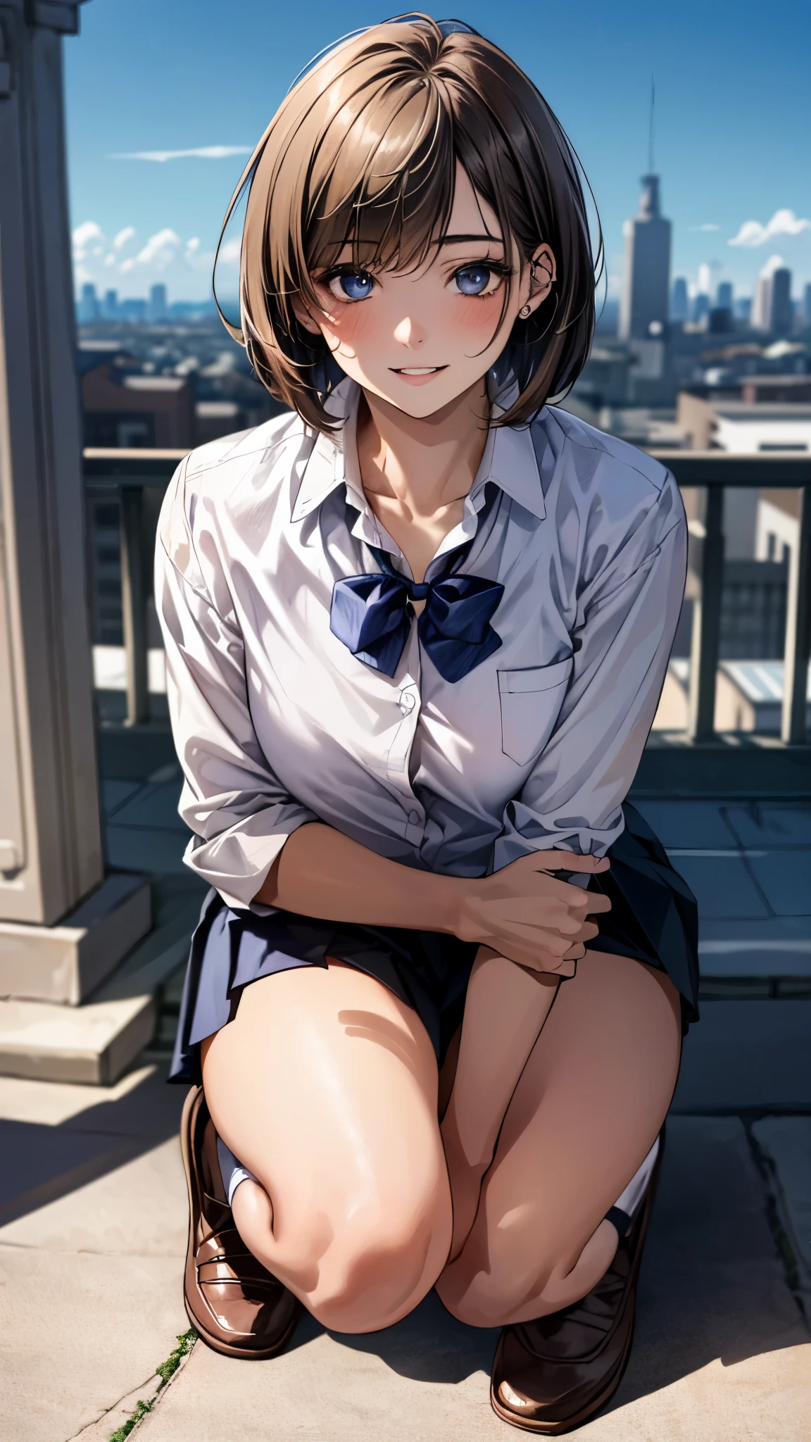 (masterpiece:1.3, top-quality, ultra high res, ultra detailed), (realistic, photorealistic:1.4), beautiful illustration, perfect lighting, colorful, depth of fields,
beautiful detailed hair, beautiful detailed face, beautiful detailed eyes, beautiful clavicle, beautiful body, beautiful chest, beautiful thigh, beautiful legs, beautiful fingers,
looking at viewer, front view:0.6, 1 girl, japanese, high school girl, perfect face, (perfect anatomy, anatomically correct), cute and symmetrical face, face, , shiny skin,
(short hair:1.2, bob cut:1.2, light brown hair), asymmetrical bangs, blue eyes, long eye lasher, (medium breasts), slender,
((navy blazer, collared white shirt, navt pleated skirt)), dark red bow tie, piercing,
(beautiful scenery), evening, (city, cityscape in the distance), squatting, fold arms, (happy smile, parted lips),
