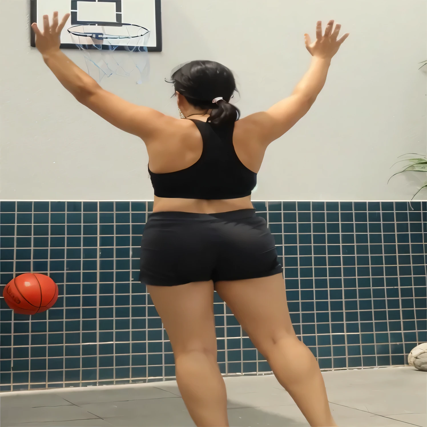 woman in black shorts playing basketball with a basketball hoop, backshot, tight black tank top and shorts, in shorts, sport bra and shorts, backview, sport bra and dark blue shorts, long shot from back, back - view, sporty, shot from the back, back pose, seen from the back, back - shot, wearing black shorts, back shot. there is a woman in a blue top and blue shorts taking a picture, in shorts, squatting down next to a pool, wearing black shorts, backview, seen from the back, back pose, back - view, tight black tank top and shorts, from back, shot from the back, from the back, long shot from back, in a gym. Foto de corpo inteiro, foto clara, alta qualidade, high resolution, obra-prima, 8K.