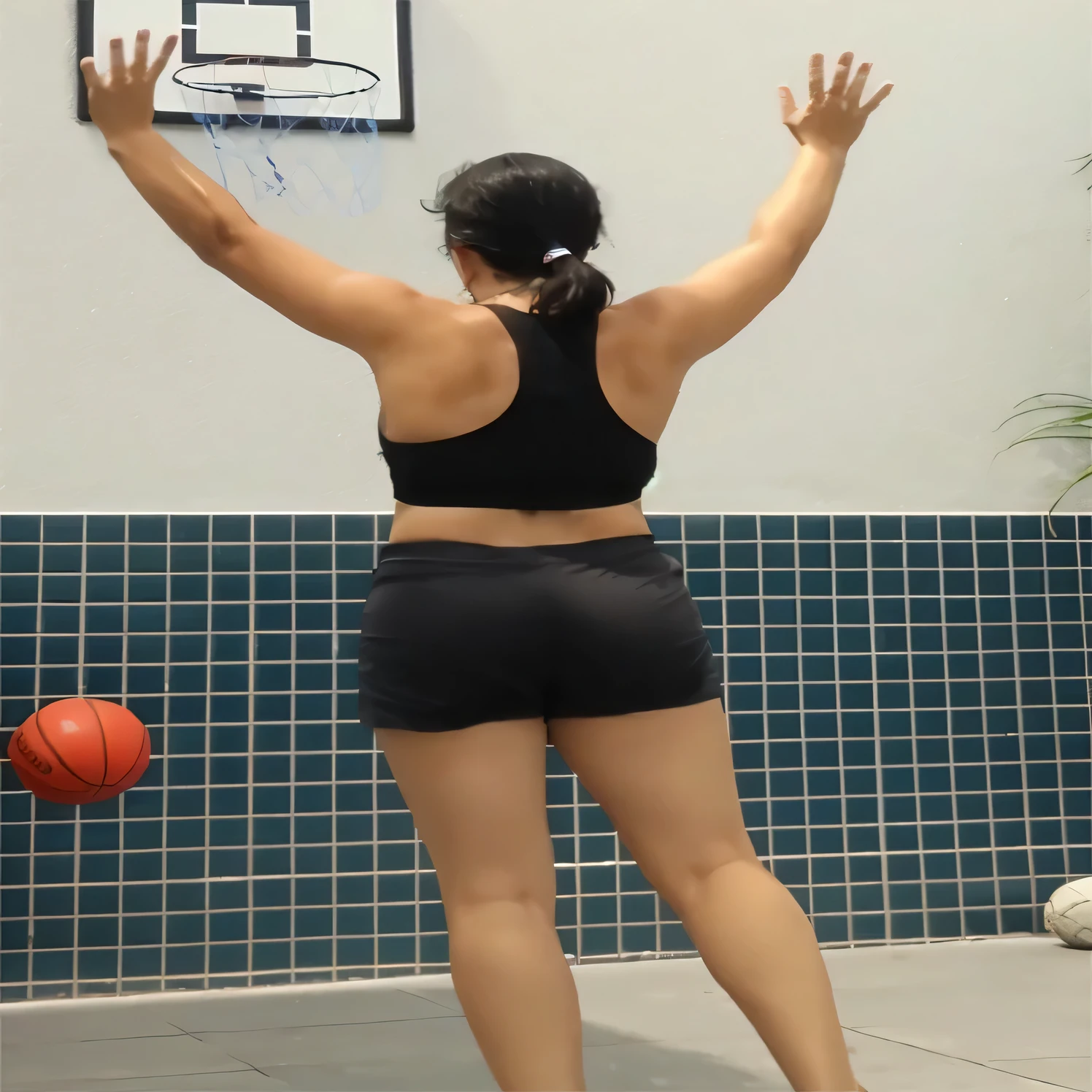 woman in black shorts playing basketball with a basketball hoop, backshot, tight black tank top and shorts, in shorts, sport bra and shorts, backview, sport bra and dark blue shorts, long shot from back, back - view, sporty, shot from the back, back pose, seen from the back, back - shot, wearing black shorts, back shot. there is a woman in a blue top and blue shorts taking a picture, in shorts, squatting down next to a pool, wearing black shorts, backview, seen from the back, back pose, back - view, tight black tank top and shorts, from back, shot from the back, from the back, long shot from back, in a gym. Foto de corpo inteiro, foto clara, alta qualidade, high resolution, obra-prima, 8K.