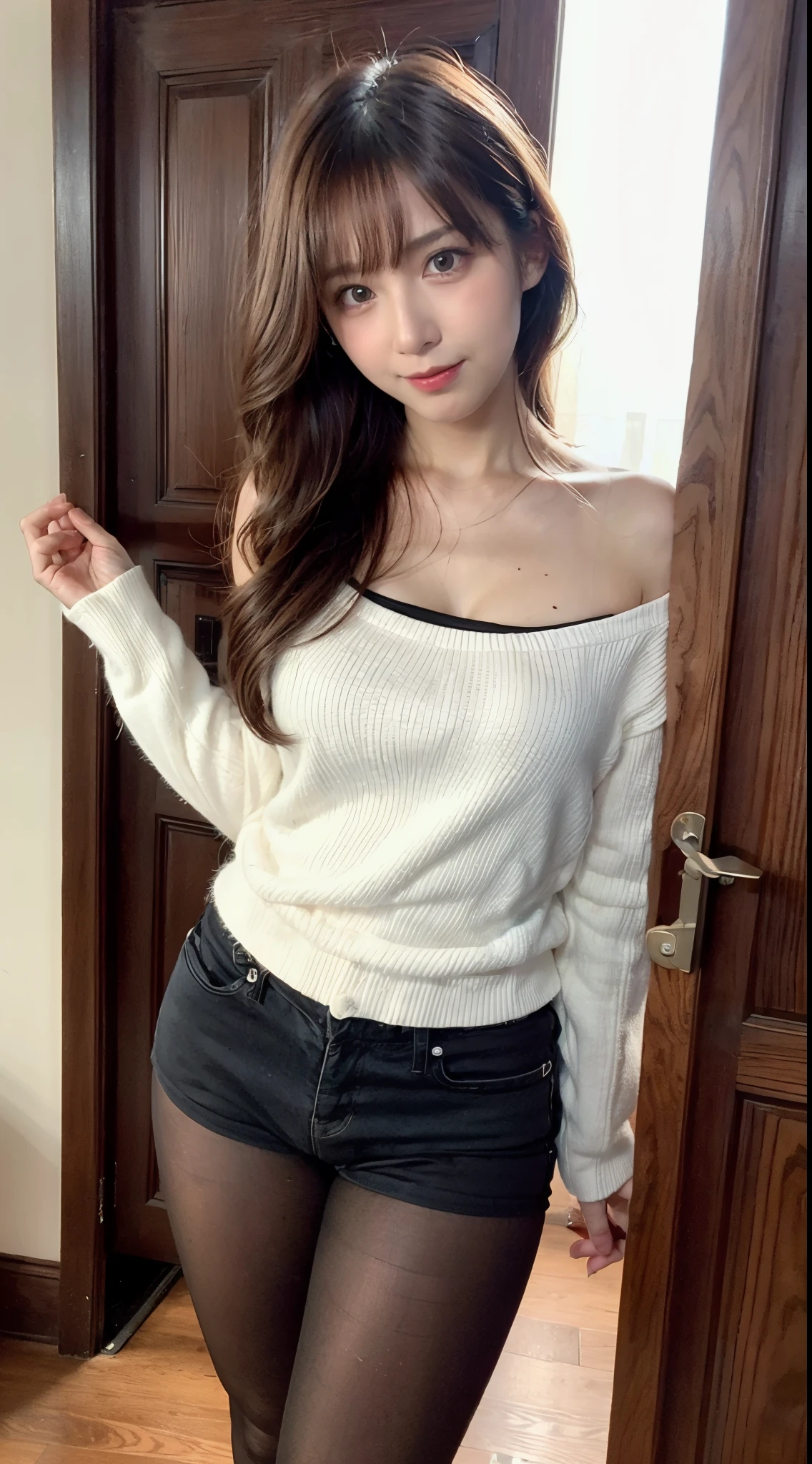ulzzang-6500-v1.1, (Raw photo:1.2), (Photoreal), (See-through:1.3), (genuine: 1.4), 驚異的な美しさのrussian girl、驚異的な美しさのrussian girl、very beautiful blonde hair、、height 154cm、turned into slime、small、smile of shame、wearing a loose sweater、wearing a loose sweater、show your shoulders、clavicle、(smallパンティーを履いてください)、(wearing pantyhose,realistic pantyhose)、while opening the door、(full body shot:1.2), russian model, russian girl, Neat and clean Russian woman, russian goddess, Raw photo, (In 8K、highest quality、masterpiece:1.2)、(intricate details:1.4)、(Photoreal:1.4)、octane rendering、Ultra-detailed complex 3D renderings, soft light in the studio, rim light, vivid details, super detail, realistic skin texture, Surface details, Beautiful eyes in every detail, Highly detailed CG Unity 16k wallpaper, compensate, (detailed background:1.2), shiny skin、exposed thighs!!!、