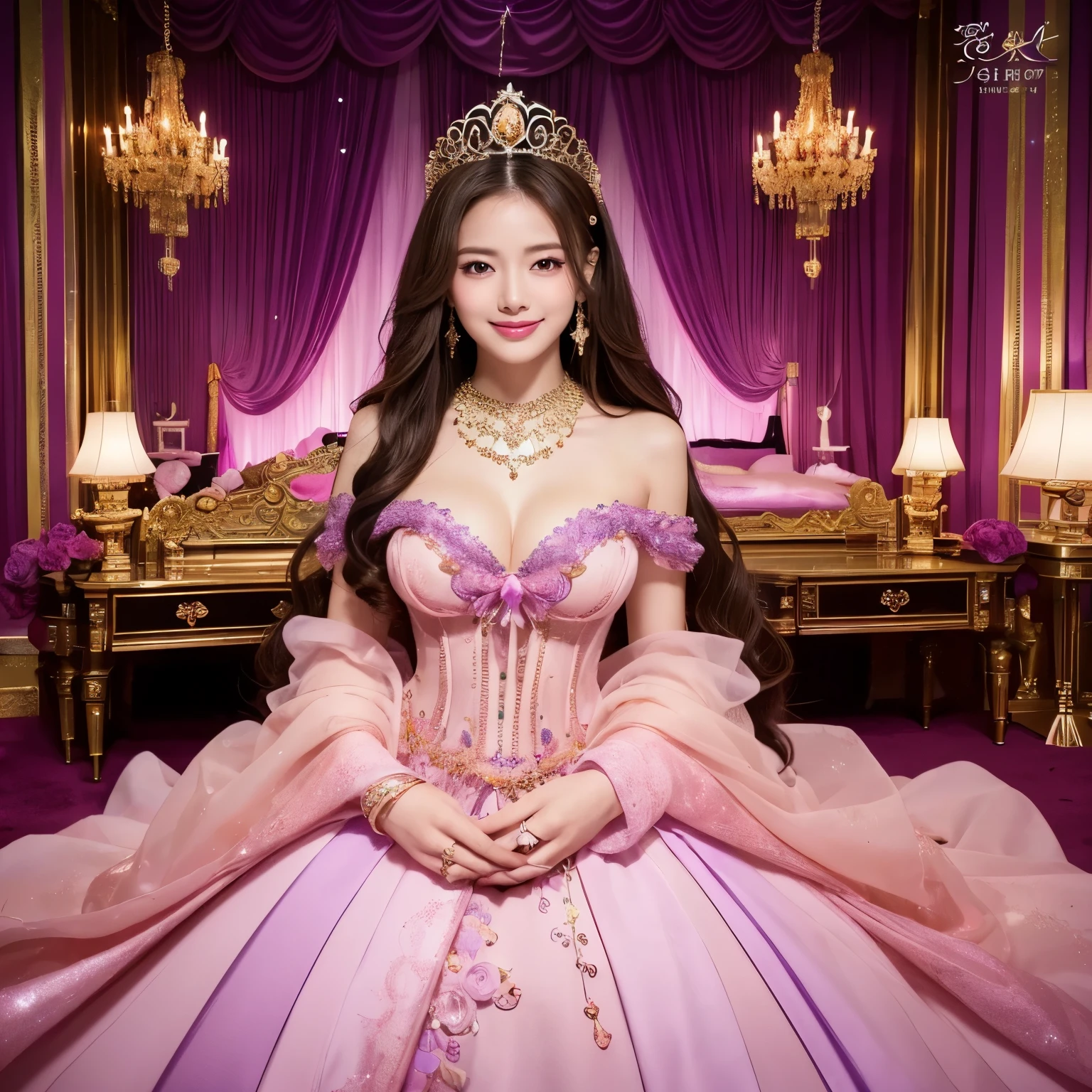 ((highest quality、table top、8K、best image quality、extremely complex and detailed depiction))、(Japan's most gorgeous prostitute goddess:1.2)、(The most gorgeous prostitution goddess huge costume:1.2)、(The most luxurious and highest quality giant tiara:1.1)、(The most luxurious and highest quality giant necklace:1.1)、(the most vivid and luxurious costumes:1.1)、big long costume、(The unimaginably luxurious goddess room:1.3)、(The most luxurious and luxurious room with glittering purple and pink colors:1.2)、purple and pink interior、The most natural and perfect goddess room、The most luxurious and perfectly organized room of a prostitute goddess、A perfectly ordered and orderly room、The most luxurious purple and pink room、purple and pink gems、(A glittering room decorated with plenty of jewels:1.1)、very intricate decoration、very clear goddess room、Please look at me、bewitching smile、perfect makeup、long eyelashes、lipstick、pink eyeshadow、(perfect anatomy:1.1)、best smile、(very bright and vivid:1.1)、(shiny skin:1.1)、(Ultra-high definition bright and beautiful skin:1.1)、Super high definition beautiful teeth、ultra high definition hair、Super high-definition sparkling eyes、(very bright and vivid:1.3)、(Beautiful skin that shines very brightly:1.3)、brown hair、(standing in the most elegant pose:1.1)、(body facing straight ahead:1.1)、(Upper body photo facing forward:1.1)、slender body