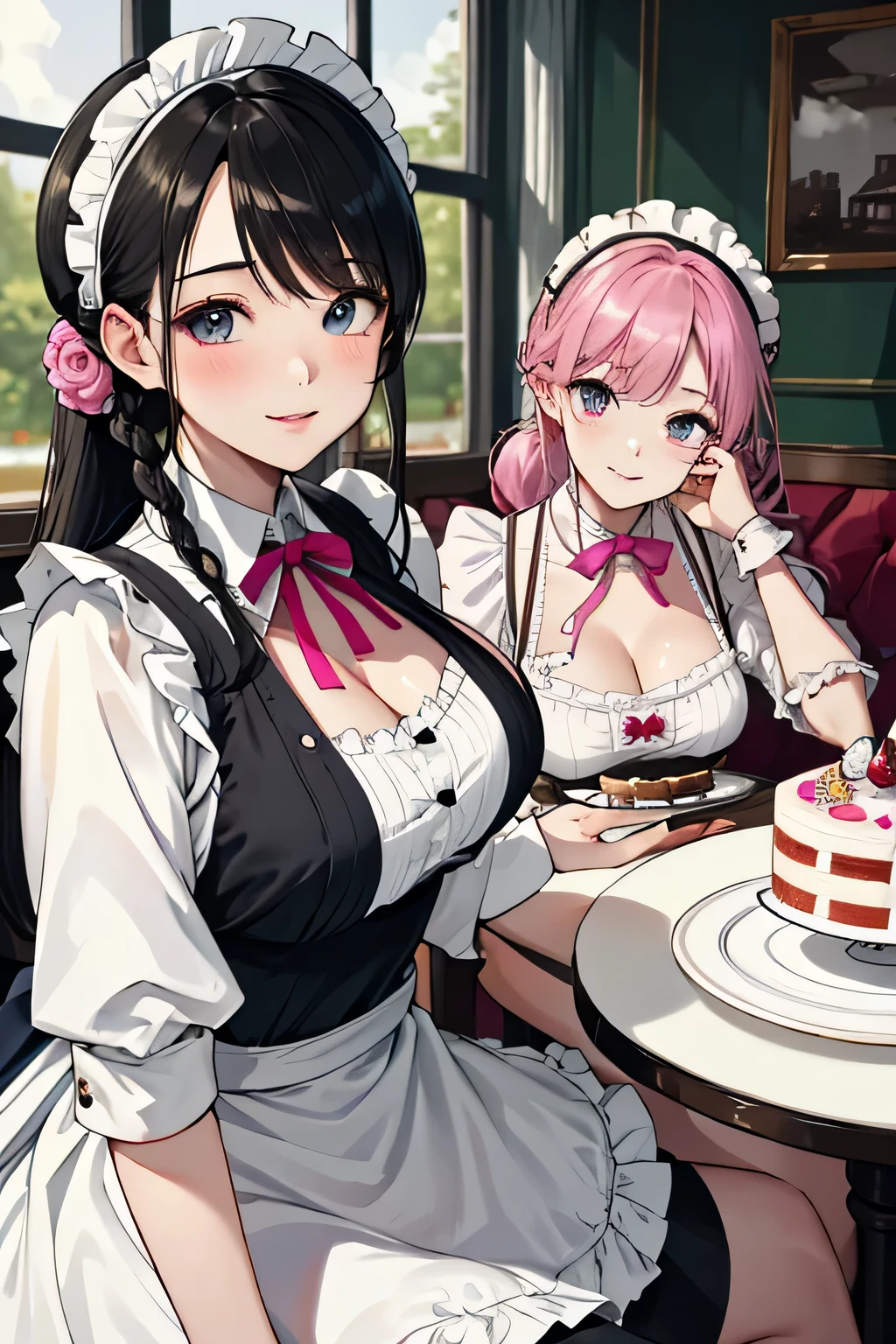 highest quality、High resolution、detailed background、Beautiful and dense face、beautiful and smooth skin、skin texture、cute10代の美少女、(huge breasts:1.3)、(realistic:1.3)、perfect body line、black hair braided ponytail、Calm atmosphere、
happy look、laughter、smile、sexual expression、Tea time at the cafe、(Two women enjoy cake and sweets while chatting in a cute cafe:1.5)、
Maid uniforms generally feature a dress or dress-like design.、(emphasize the chest服、胸のemphasize cleavage服、revealing clothing)、The voluminous skirt and cinched waist highlight the femininity and cuteness.、Frills and lace are often used、The collar has frills and lace.、, cuffs, and the hem of the skirt, Gives a soft impression.、
What is an apron?、It is the cloth that covers the body from the waist down, symbolizing the work of a maid.。.、pink, green, red, Check Pattern, heart pattern、Cute accessories such as ribbons, The headdress and apron are decorated with roses.、emphasize the chest、emphasize cleavage、cute