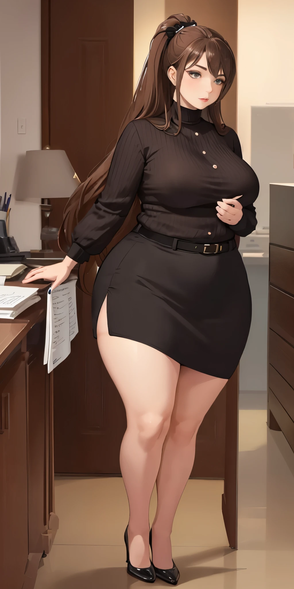 An elegant and sophisticated overweight teacher with long brown hair in a high ponytail playfully dressed as an office lady in a short skirt and black, She has a chubby figure, Beautiful face，Revealing her plump breasts ,chubby belly.