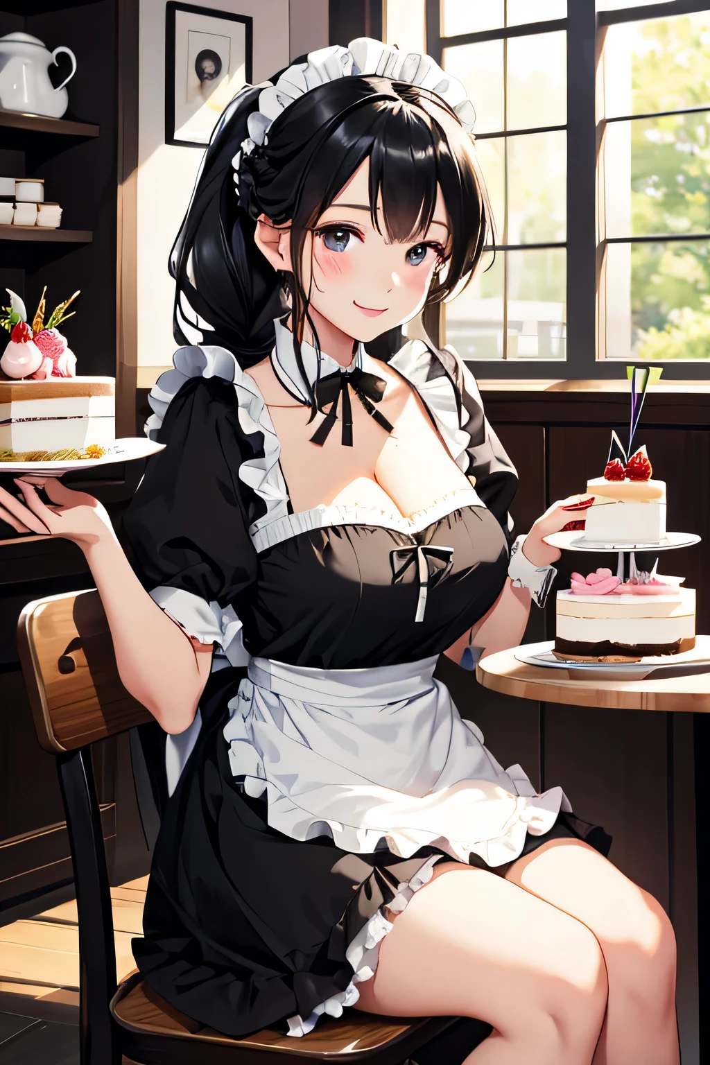 highest quality、High resolution、detailed background、Beautiful and dense face、beautiful and smooth skin、skin texture、cute10代の美少女、(huge breasts:1.3)、(realistic:1.3)、perfect body line、black hair braided ponytail、Calm atmosphere、
happy look、laughter、smile、sexual expression、Tea time at the cafe、(Two women enjoy cake and sweets while chatting in a cute cafe:1.5)、
Maid uniforms generally feature a dress or dress-like design.、(emphasize the chest服、胸のemphasize cleavage服、revealing clothing)、The voluminous skirt and cinched waist highlight the femininity and cuteness.、Frills and lace are often used、The collar has frills and lace.、, cuffs, and the hem of the skirt, Gives a soft impression.、
What is an apron?、It is the cloth that covers the body from the waist down, symbolizing the work of a maid.。.、pink, green, red, Check Pattern, heart pattern、Cute accessories such as ribbons, The headdress and apron are decorated with roses.、emphasize the chest、emphasize cleavage、cute