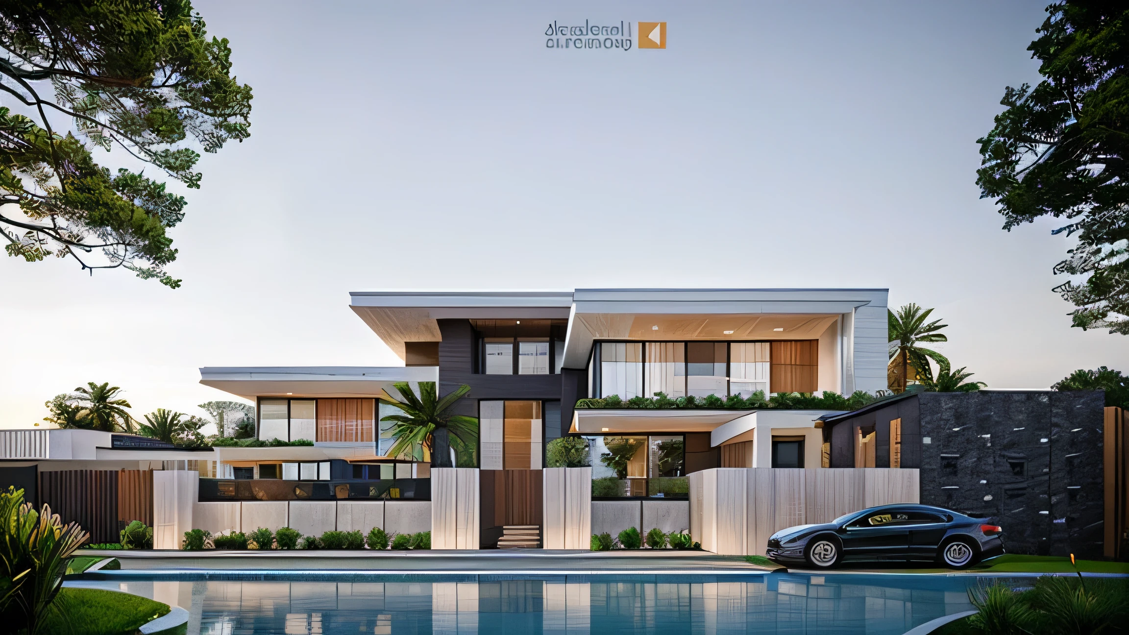 (masterpiece),(high quality), best quality, real,(realistic), super detailed, (full detail),(4k),8k,modern house exterior design,Modern architecture,Beautiful_sky,Day light, no_humans, outdoors,sky,tree,Garden flower front of building,