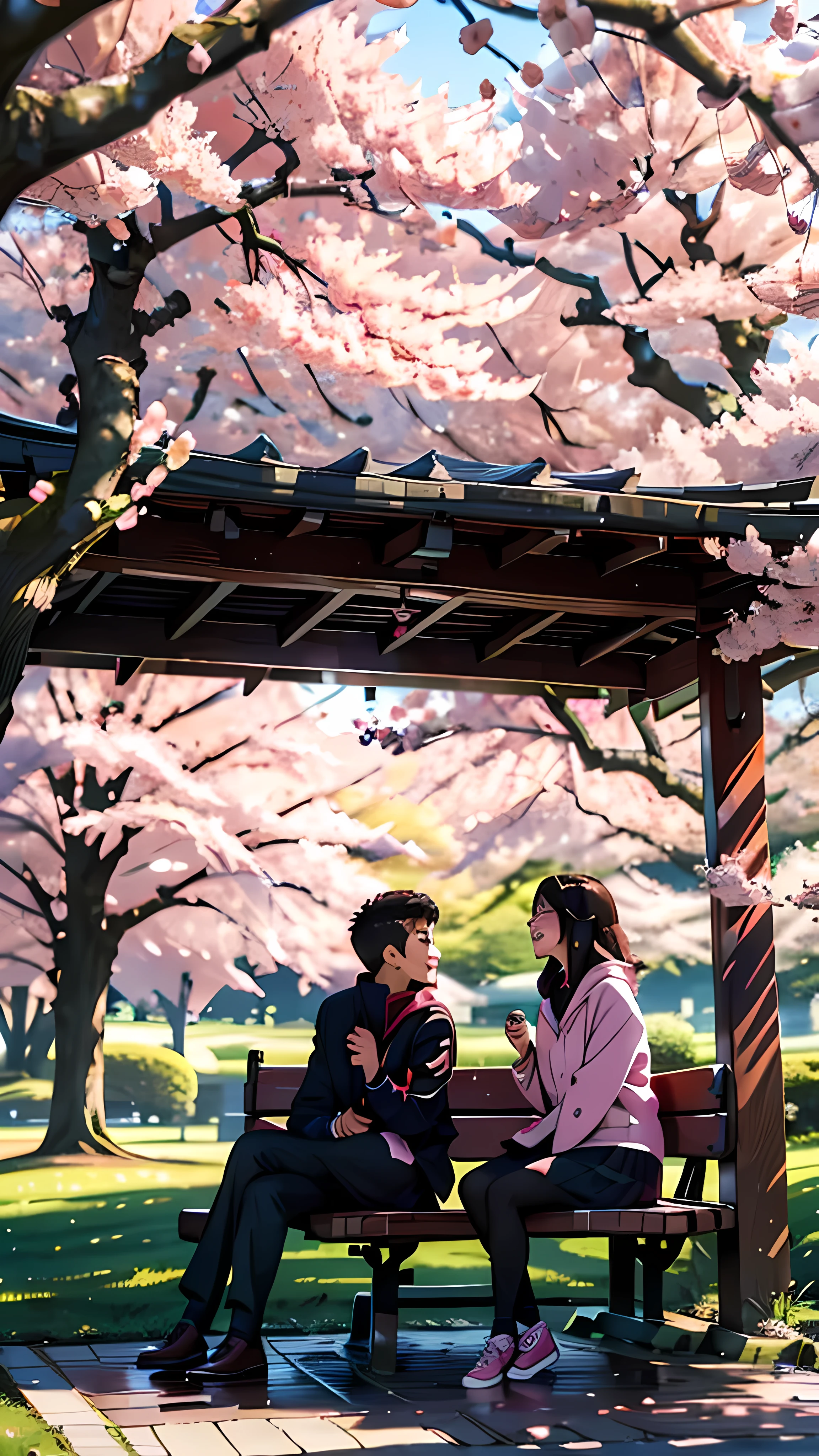 A teenage high school boy and girl are sitting on a bench underneath a canopy of cherry blossom trees in full bloom. The sun is setting, casting a warm, golden glow over the scene. The boy is handing the girl a small bouquet of cherry blossoms, and she is smiling warmly at him, her cheeks flushed pink with happiness. In the background, you can see more cherry blossom trees, their delicate pink petals fluttering in the breeze. The atmosphere is serene and romantic, capturing the beauty of young love amidst the fleeting beauty of cherry blossoms.