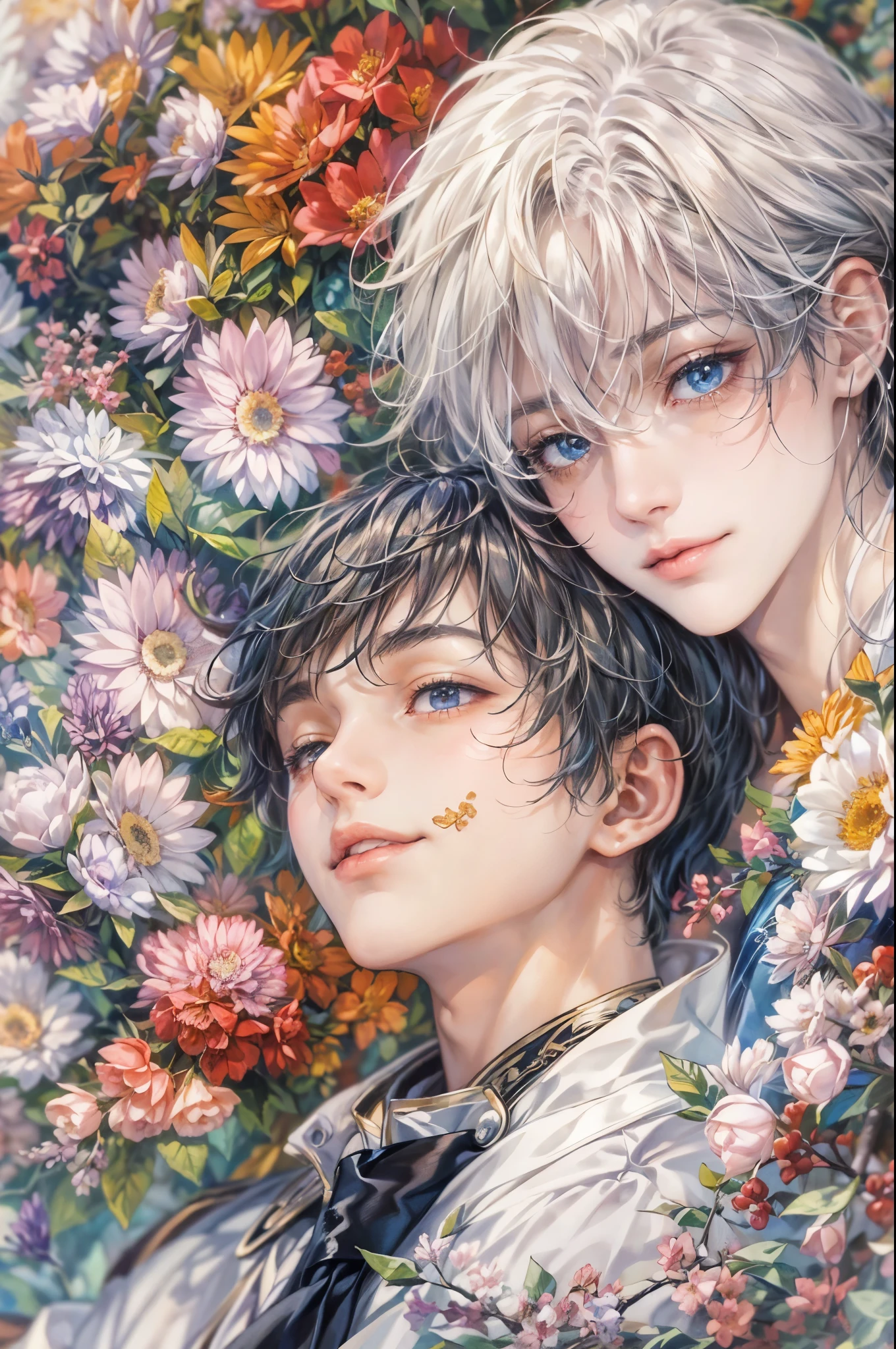 ((Best quality)), ((masterpiece)), (detailed), ((perfect face)), ((halfbody)) Paint a captivating scene featuring the boy male characters from Anime Binan Chikou Boueibu, with a focus on their emotional connection and the harmonious blend of their unique talents. background is a detailed small town with the elements of flowers and a spooky flower field