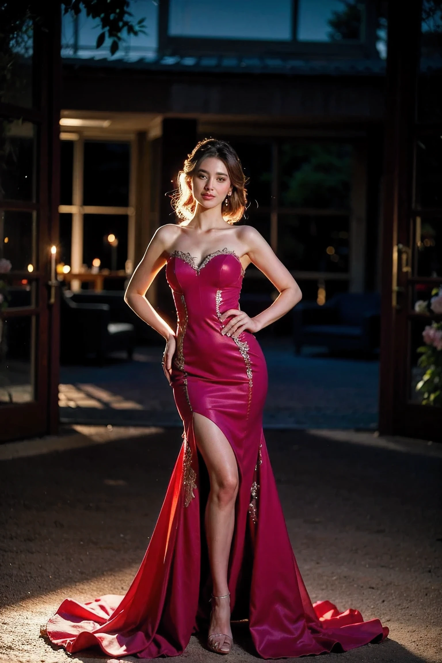 Realistic photography, beautiful woman , beautiful evening dress