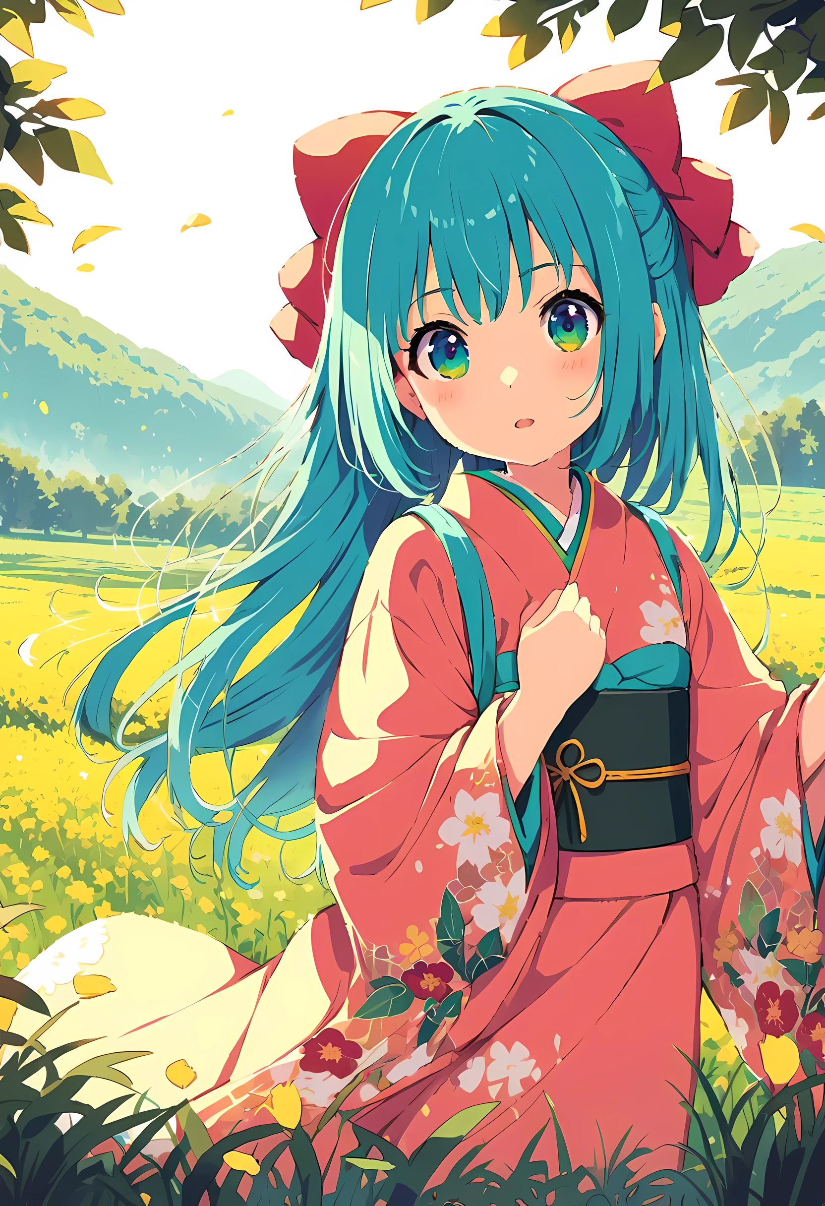 Fairy tale illustration by Reiko Ikemura, pixel baby, simple art, full color illustration, cute fairy tale illustration, picture book illustration, illustration, Hayao Miyazaki style tea picking girl, in this field, kimono, kimono  