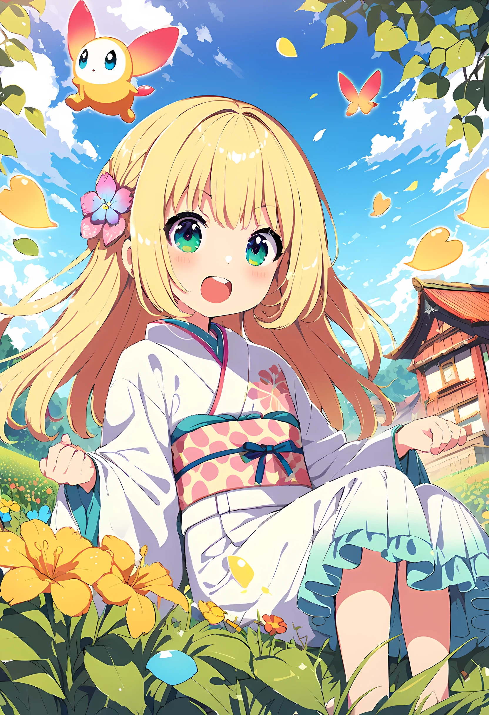 Fairy tale illustration by Reiko Ikemura, pixel baby, simple art, full color illustration, cute fairy tale illustration, picture book illustration, illustration, Hayao Miyazaki style tea picking girl, in this field, kimono, kimono