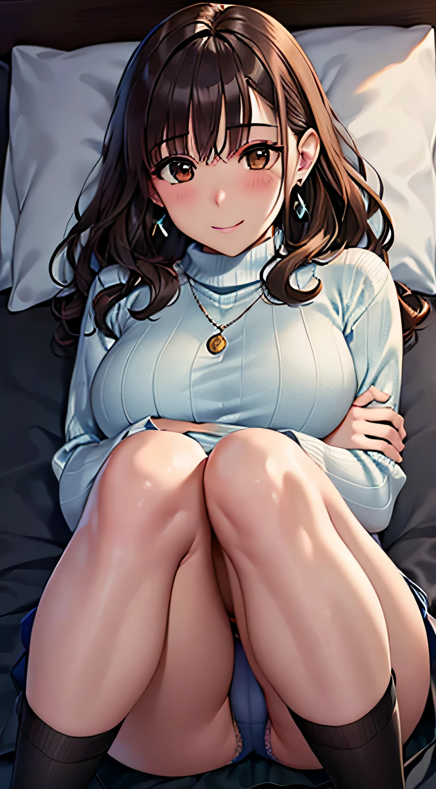 (table top, highest quality, High resolution, , perfect pixel, 4k,), 1 girl, single, alone, Beautiful woman、I could see the whole body、 ((wavy mid-length hair, bangs, brown hair)), ((brown eyes, beautiful eyelashes, realistic eyes)), ((detailed face, blush:1.2)), ((smooth texture:0.75, realistic texture:0.65, realistic:1.1, Anime CG style)), soft chest, dynamic angle, perfect body, ((,, , earrings、necklace、white turtleneck sweater、、black knee high stockings、open both legs wide、open both knees、shy smile)),、、、、(luxury hotel bed、sleep on your back)、、Close your chest with both arms、(You can see the light blue lace panties))、angle from below)、
