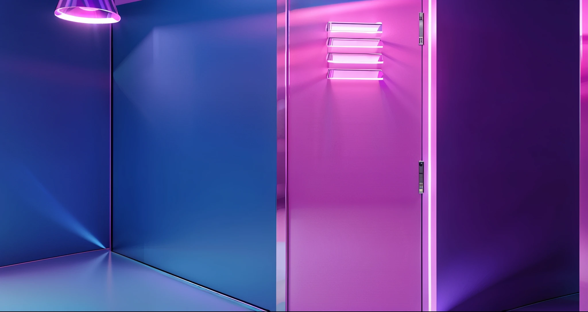 there is a purple and blue locker with a light on, open locker, purple and pink and blue neons, purple and blue neon, Violet and blue lighting, personal room background, basic background, background(Solid), blue and pink colors, pink and blue neon, Pink and blue lighting, Ultraviolet and neon colors, vapor wave lighting style, pink and blue colors glossy metalic floor, glossy texture, smooth 3d model, multiple light sources, rim light, sharp post effects render, (glossy metallic texture with multiple big light probe refractions), perfect cgi, cgi art created only with gradients, smooth silhouette, high intensity refraction, (super glossy chrome material), most beautiful vfx, blue background, chrome metal refractions