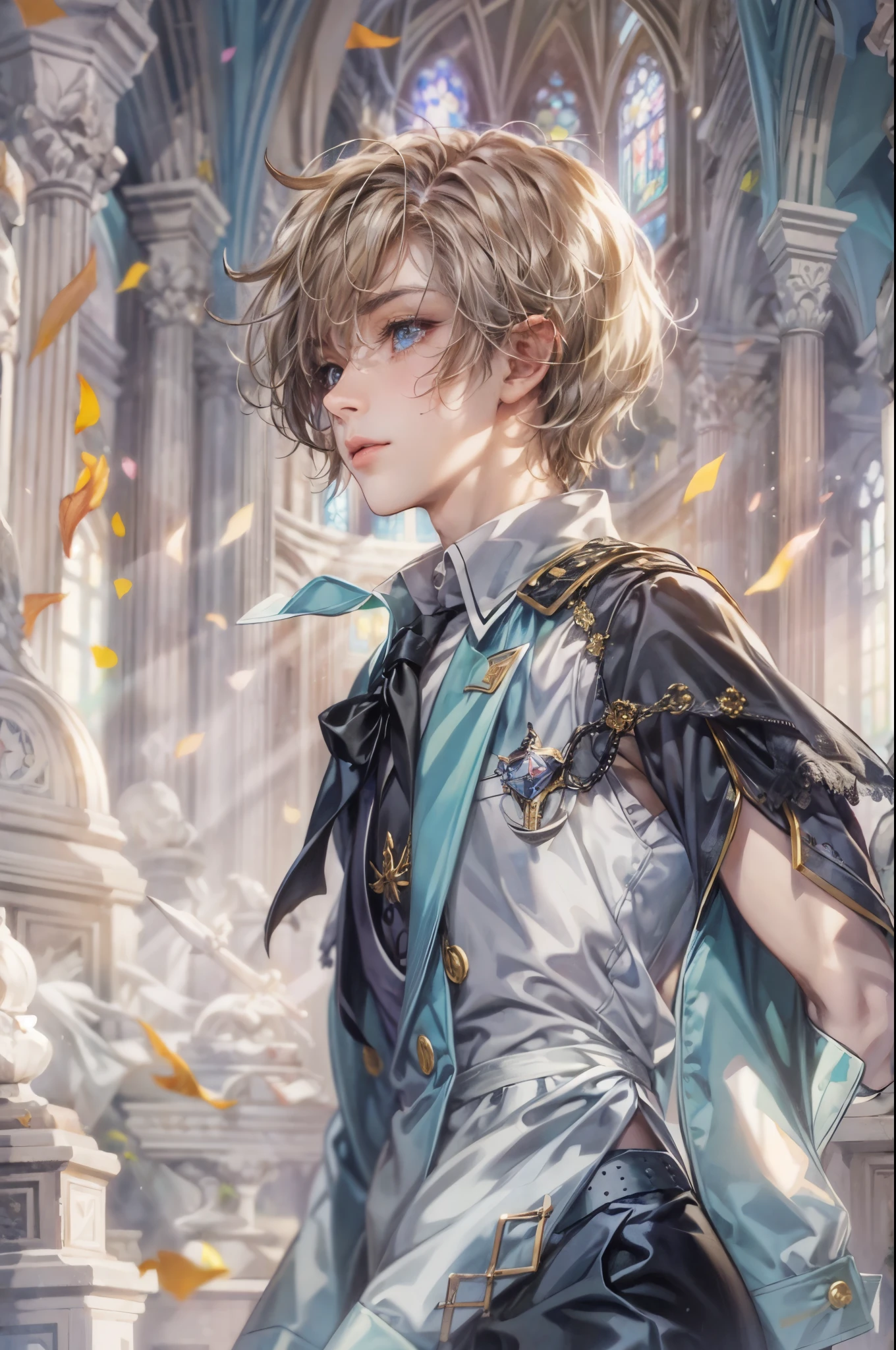 ((Best quality)), ((masterpiece)), (detailed), ((perfect face)), ((halfbody)) a character from pretty cure in male version, handsome boy with an anime eyes in a detailed sanctuary background and a ruined church beside an ocean