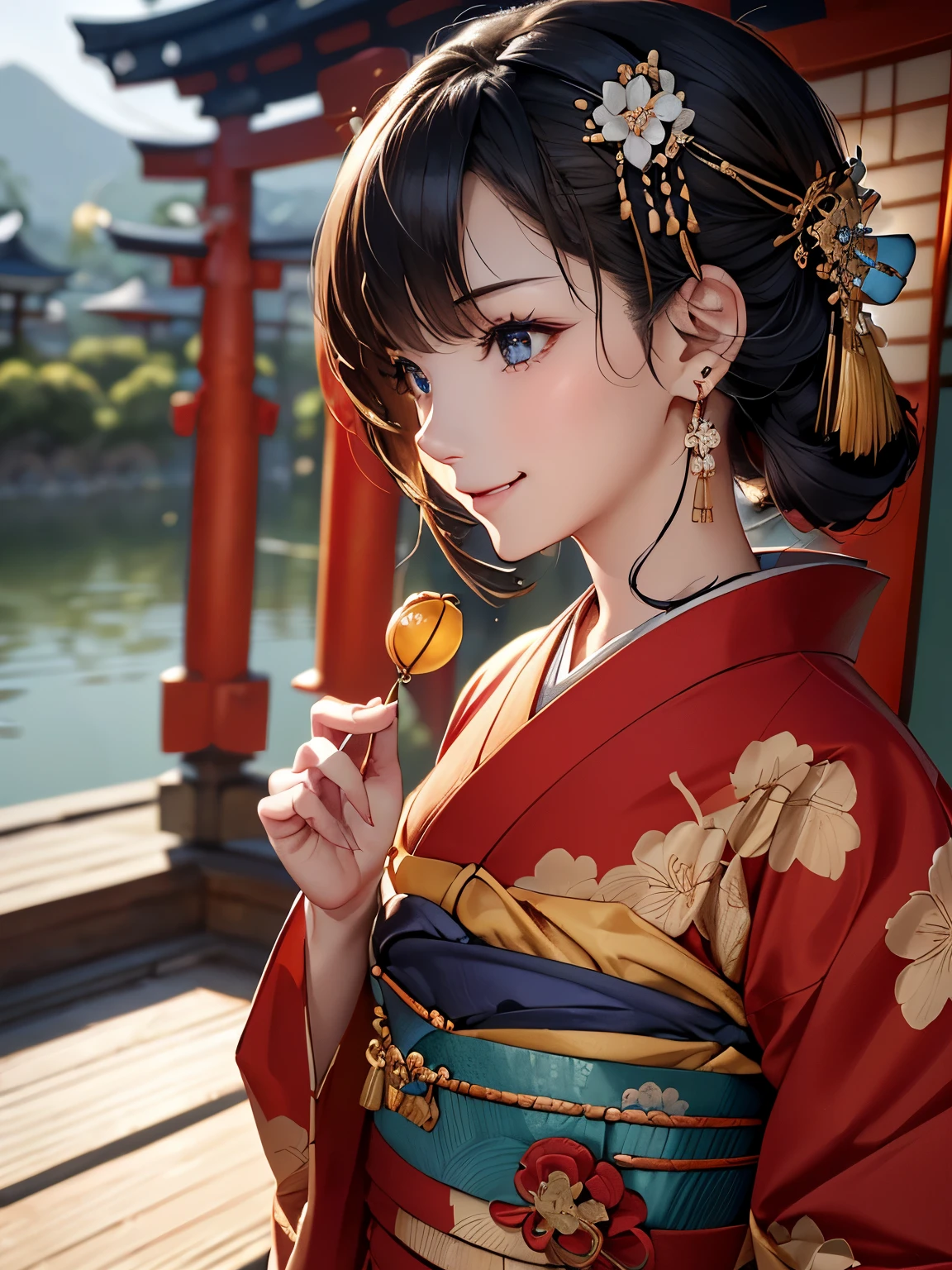 ((Biologically correct number of limbs))、((full body shot, Full body photo including face、head to toe photo))、standing position、[NSFW]、4K、masterpiece、((focus on the face))、((Symmetrical facial features))、Eyes of minute description、Beautiful woman、outstanding style、beautiful clavicle、beautiful legs、(small ass、thin thighs）、(high heels）、Detailed depiction of faces、small earrings、necklace、Close-up photo of the upper body、(kimono）、Scenery of Kyoto on holiday morning、A happy smile、