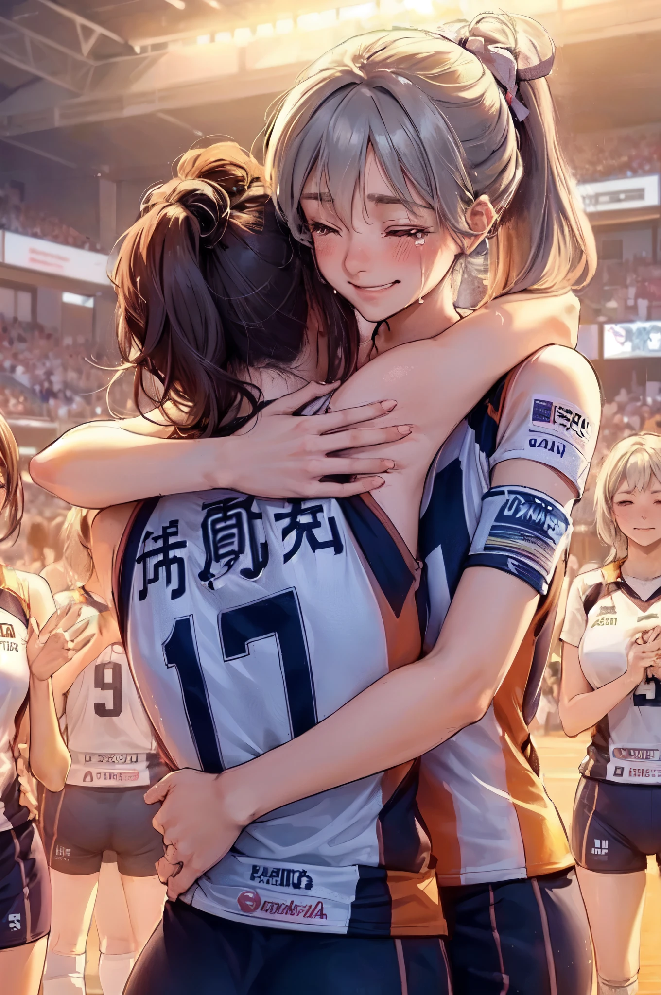 1lady hugging a person, (wrapping arm around back), (volleyball uniform) stylish (corporate logos), mature female, /(gray hair/), blush happy smile (eyes lightly closed:1.1), ((quiet tears:1.1) of joy) (tears on cheek) white line, (masterpiece best quality:1.2) delicate illustration ultra-detailed BREAK (back of person), (back of head) BREAK /(indoor stadium/) indoors, teammates, crowded, detailed background