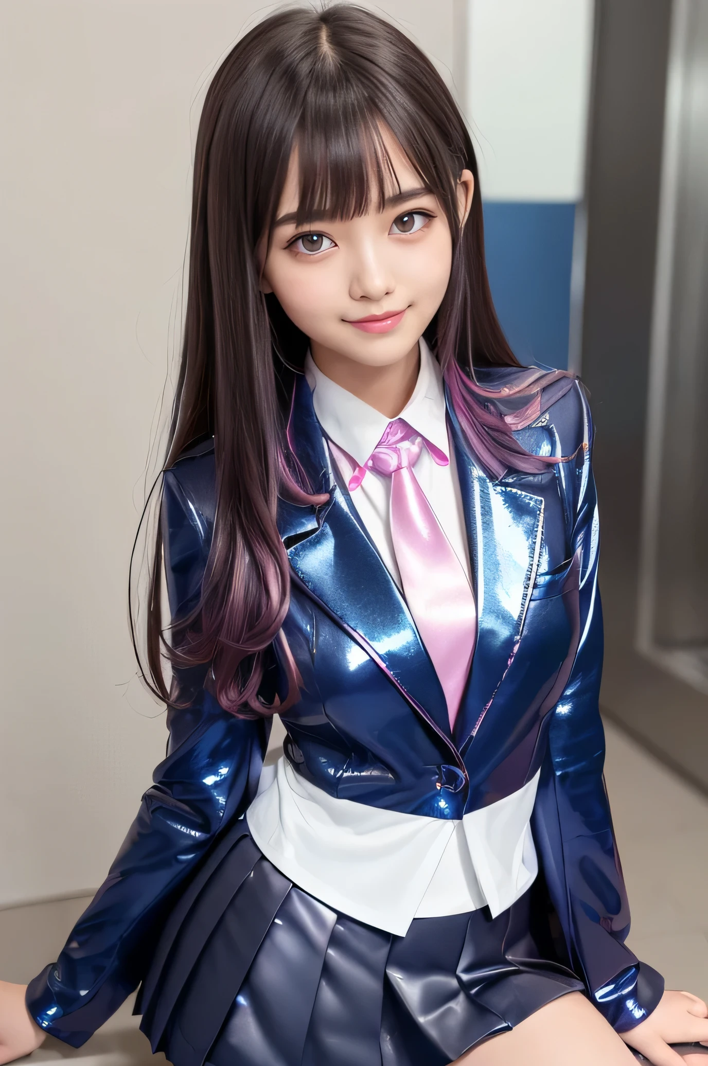 Angelic Very beautiful cute girl,Beautiful detailed eyes,Detailed double eyelids,(18 yo:1.3),(Large eyes:1.3),Long straight brown hair,see-through bangs,Sharp Focus,beautiful detailed face and eyes,straight small nose,drooping eyes,laughing,BREAK ,(super shiny metallic dark blue blazer:1.4),(metallic pearl white school blouse:1.3),(shiny metallic bright pink neck ribbon tie:1.2),(super shiny metallic pink pleated skirt :1.4),(school uniform with super reflective surfaces:1.5),(smiling:1.5)