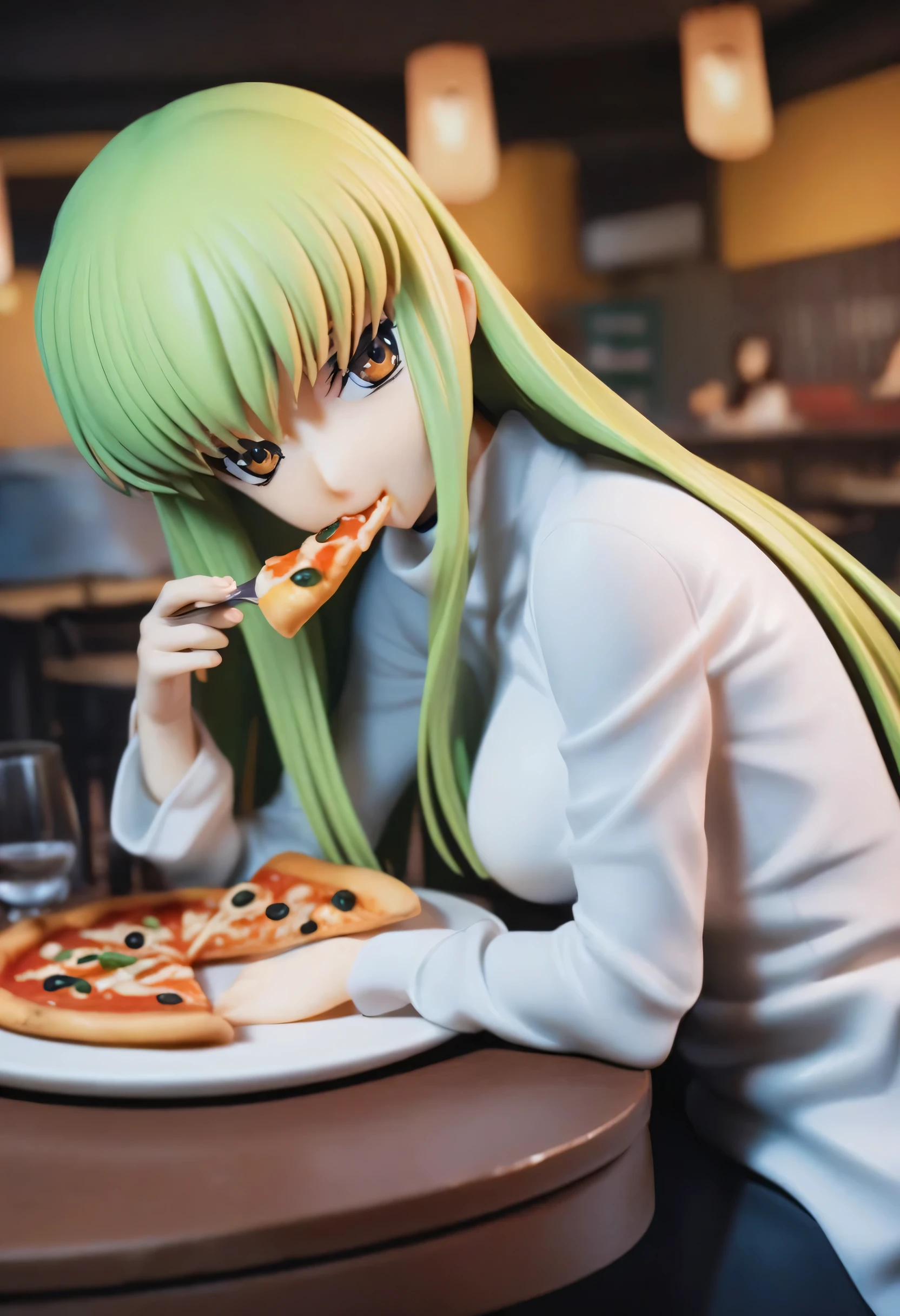 1 girl, C.C., Code geass, White shirt, long sleeve, turtleneCk, sitting, looking at the audience, eat, pizza, plate, cross, knife, table, Chair, table, Dining room, CinematiC angle, CinematiC lighting, masterpieCe, best quality