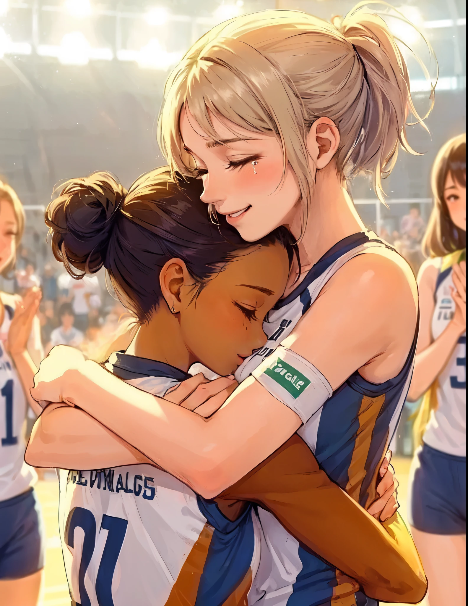 1lady hugging a person, (wrapping arm around back), (volleyball uniform) stylish (corporate logos), mature female, /(beige hair/), blush happy smile (eyes lightly closed:1.1), ((quiet tears:1.1) of joy) (tears on cheek) white line, (masterpiece best quality:1.2) delicate illustration ultra-detailed BREAK (back of person), (back of head) BREAK /(indoor stadium/) indoors, teammates, crowded, detailed background