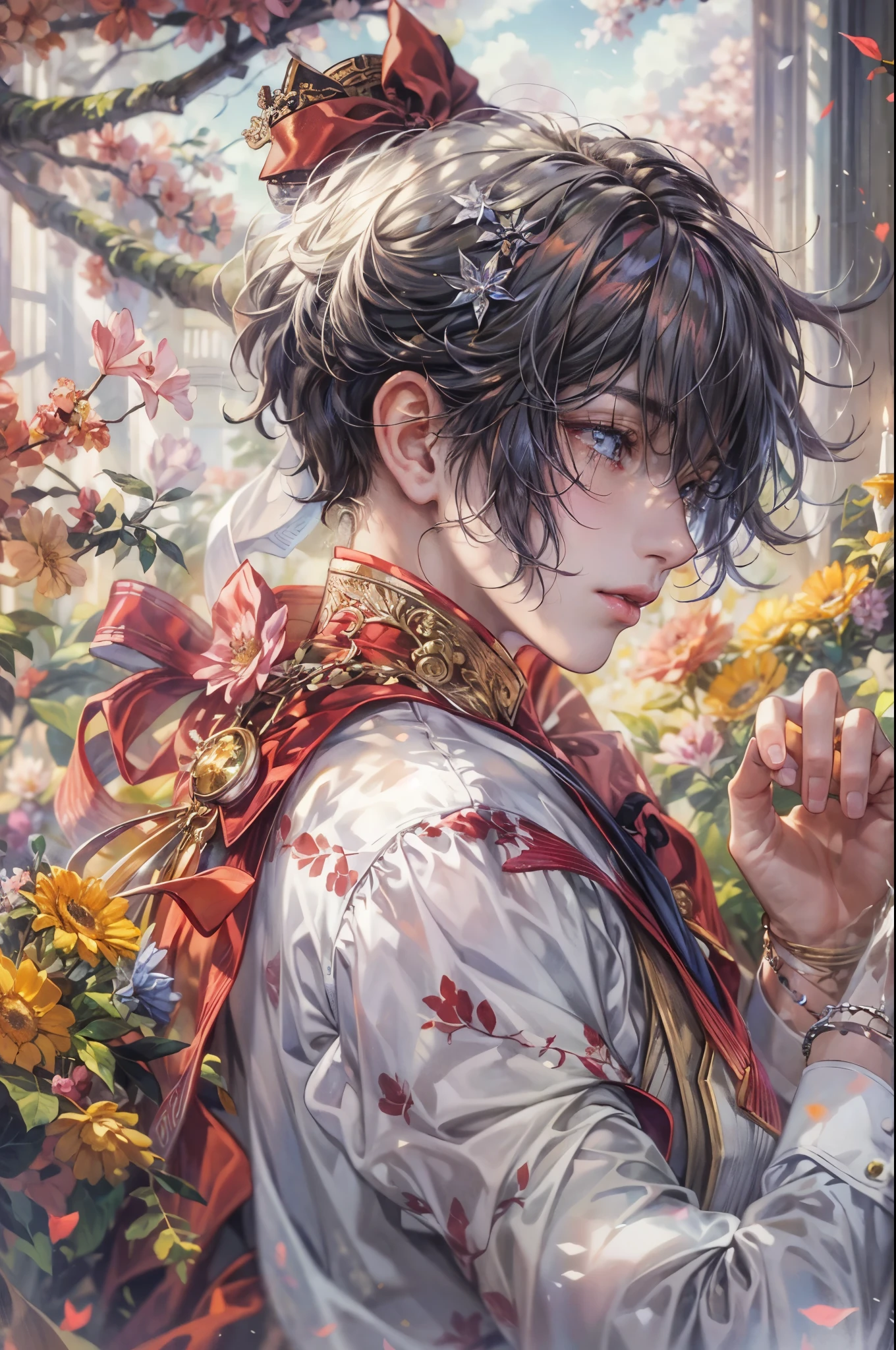 ((Best quality)), ((masterpiece)), (detailed), ((perfect face)), ((halfbody)) Paint a captivating scene featuring the boy male characters from Anime Binan Chikou Boueibu, with a focus on their emotional connection and the harmonious blend of their unique talents. background is a detailed small town with the elements of flowers and a spooky flower field