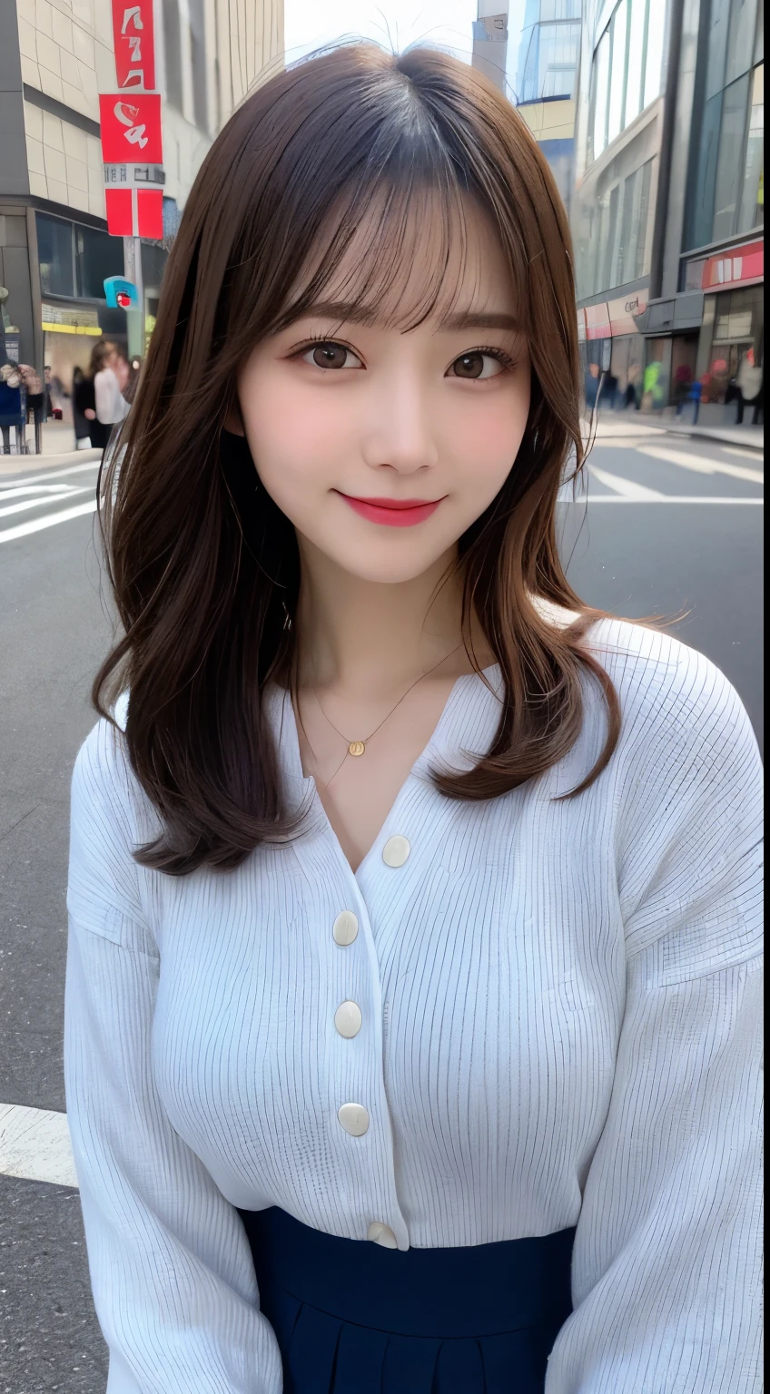 table top, highest quality, shape, Super detailed, finely, High resolution, 8k wallpaper, 完璧なダイナミックな構shape, beautiful and detailed eyes,small breasts,natural color lip, smile、20 year old girl、cute、looking at the camera,perfect and beautiful face,Take only the face,beautiful and detailed face、slim face and style,Big eyes、Do gal makeup,real photos、long sleeve blouse、flare skirt,Blurred Shibuya street background、smiling jacket