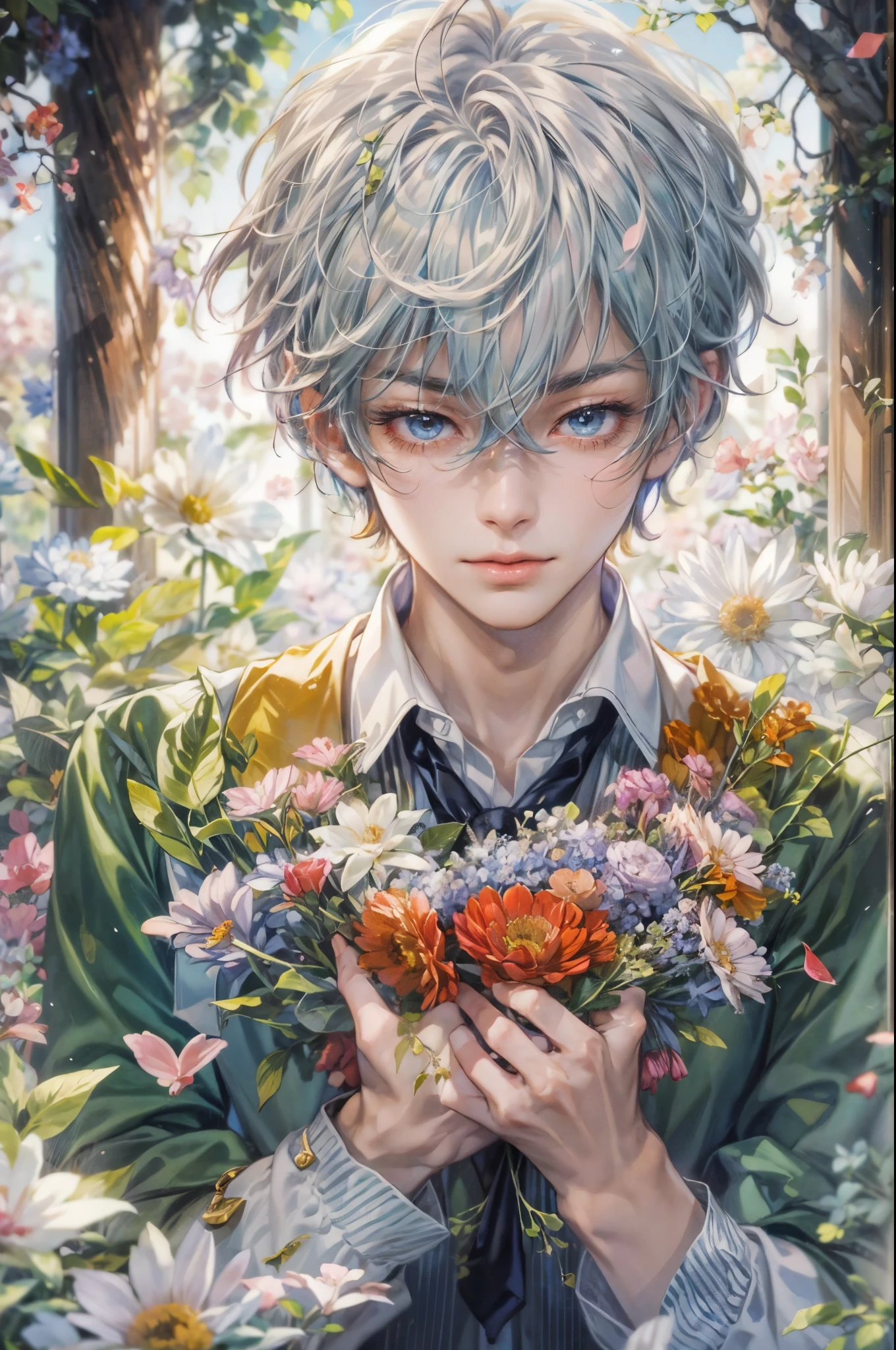 ((Best quality)), ((masterpiece)), (detailed), ((perfect face)), ((halfbody)) Paint a captivating scene featuring the boy male characters from Anime Binan Chikou Boueibu, with a focus on their emotional connection and the harmonious blend of their unique talents. background is a detailed small town with the elements of flowers and a spooky flower field