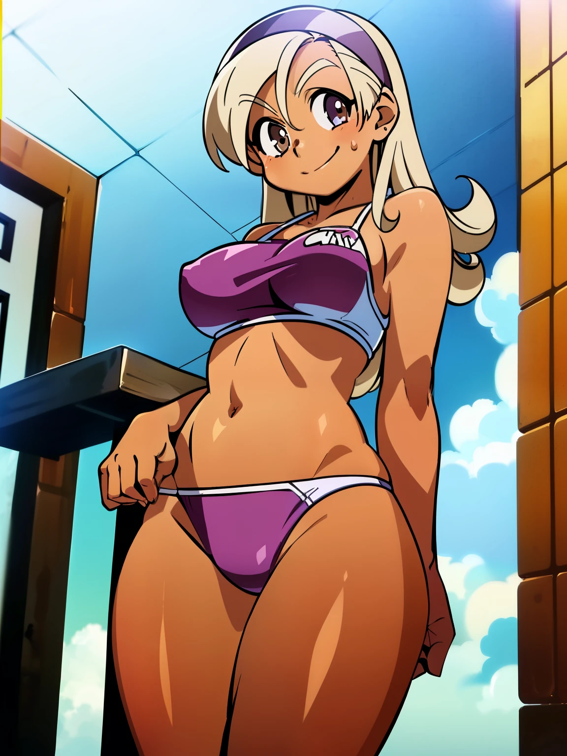 Closeup of a woman in a bikini, ((Hyuuga miki,Final Romance, Long hair, Blonde hair,((Brown skin:1.4)),purple hair band) sweaty, y, smirk, evil, thick , view from below, towering, looking at viewer