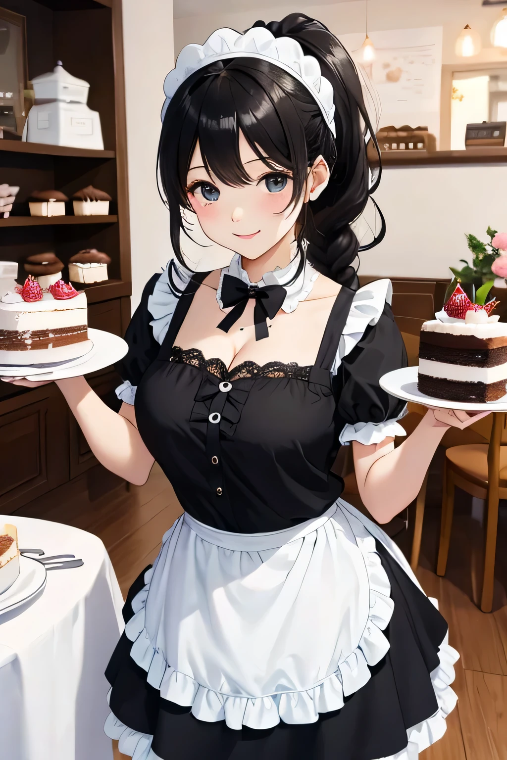 highest quality、High resolution、detailed background、Beautiful and dense face、beautiful and smooth skin、skin texture、cute10代の美少女、(huge breasts:1.3)、realistic、perfect body line、black hair braided ponytail、Calm atmosphere、
He looked at me with a happy expression.、smile、smile、sexual expression、Tea time at the cafe、(Women enjoy cakes and sweets at a cute cafe:1.5)、
Maid uniforms generally feature a dress or dress-like design.、
The voluminous skirt and cinched waist highlight the femininity and cuteness.、Frills and lace are often used、The collar has frills and lace.、, cuffs, and the hem of the skirt, Gives a soft impression.、
Usually comes with an apron、
What is an apron?、It is the cloth that covers the body from the waist down, symbolizing the work of a maid.。.、Coloring is generally black or white.、There is also a variation using pink., green, red, plaid pattern, and the pattern of the heart.、
Cute accessories such as ribbons and rose decorations are sometimes added to headdresses and aprons..、emphasize the chest、emphasize cleavage、cute