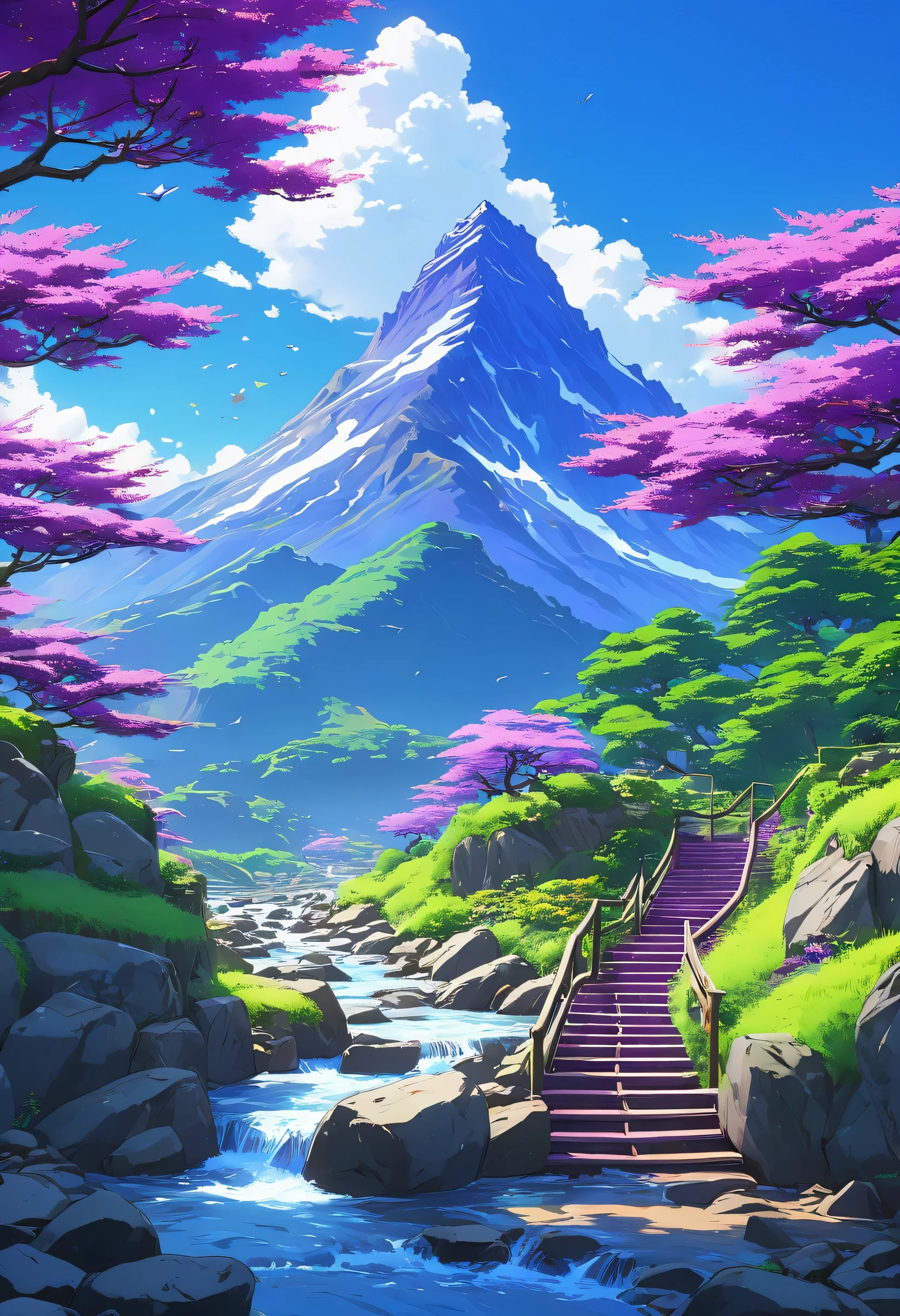 imagine a purple stair on the mountain and river is flowing beside the mountain and the blue sky bird and mountains are covered by trees; vibrent; anime art; anime art style; studio ghibli; high quality; japanese anime; rendered in 4k