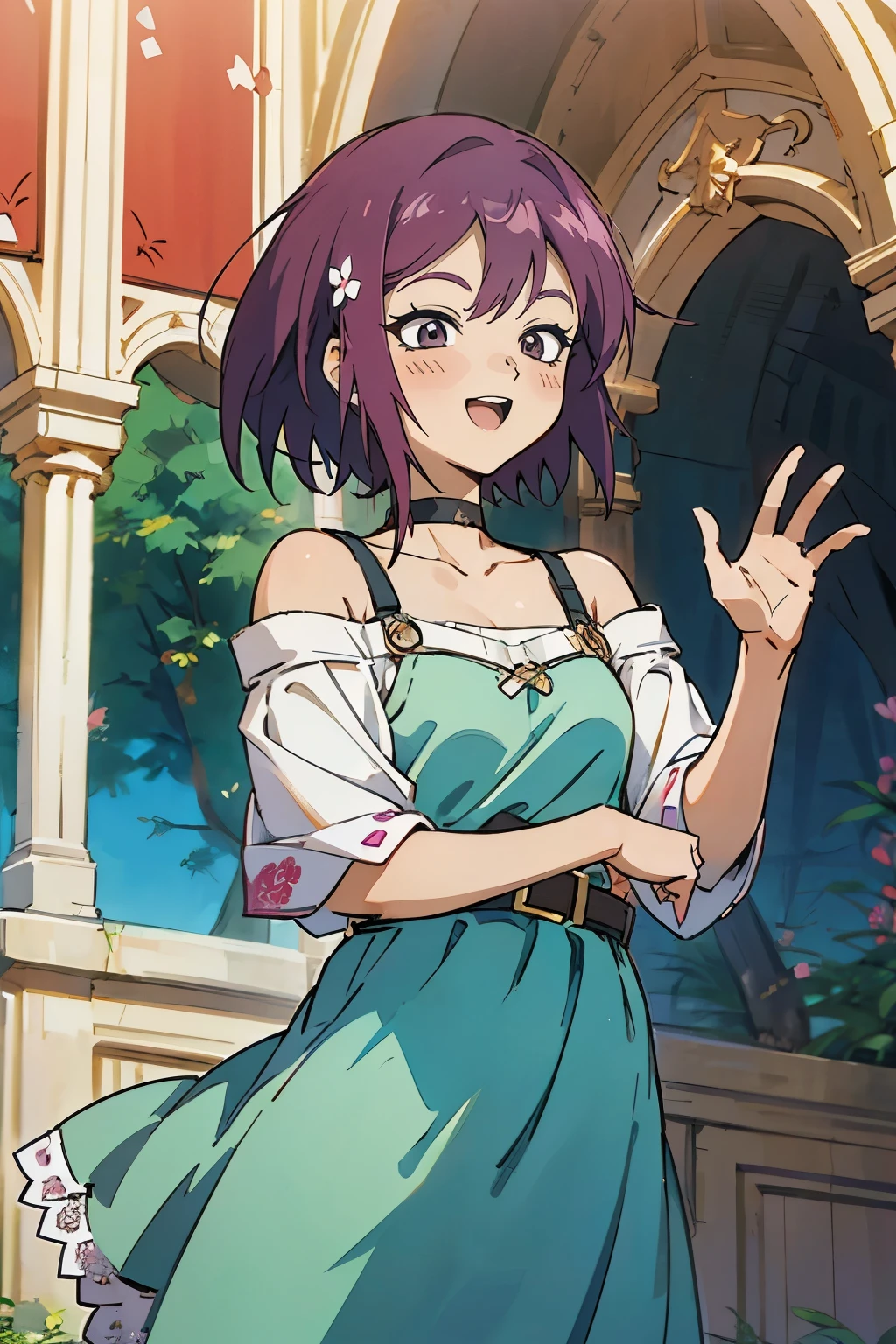 masutepiece, Best Quality, Ultra-detailed, Kisho, jigokuraku, 1 girl, reddish Purple hair, Gray eyes, showa town, Ruins, Bang, Beautiful sky, shining sky, Sunshine, Smiling, Waving, Black Belt, black choker, dresses that blow the wind, lace dress, wool sweaters, off-shoulder sleeves