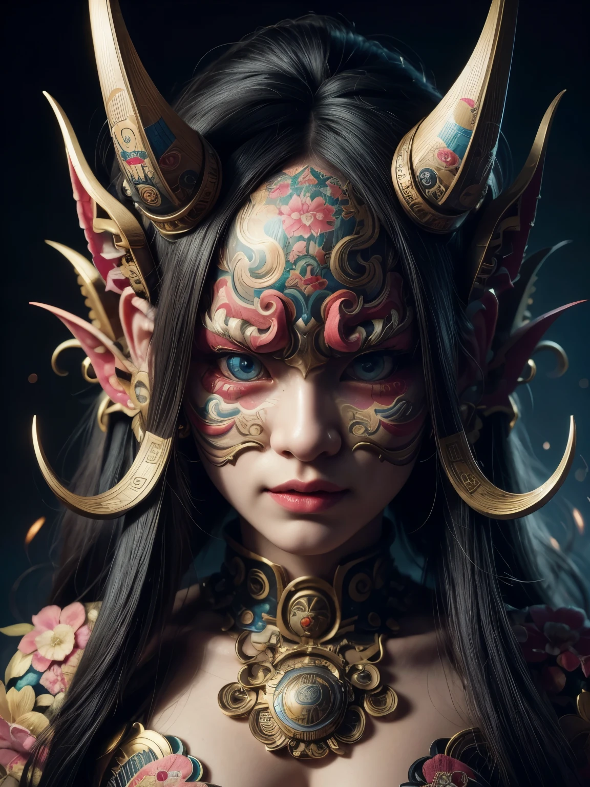 (high quality), (masterpiece), (detailed), 8K, Hyper-realistic portrayal of a futuristic (1girl1.2), Japanese character wearing a hannya mask. Meticulous details capture the eerie and enigmatic essence of traditional Japanese theater in this visually stunning composition. Trending on Artstation.